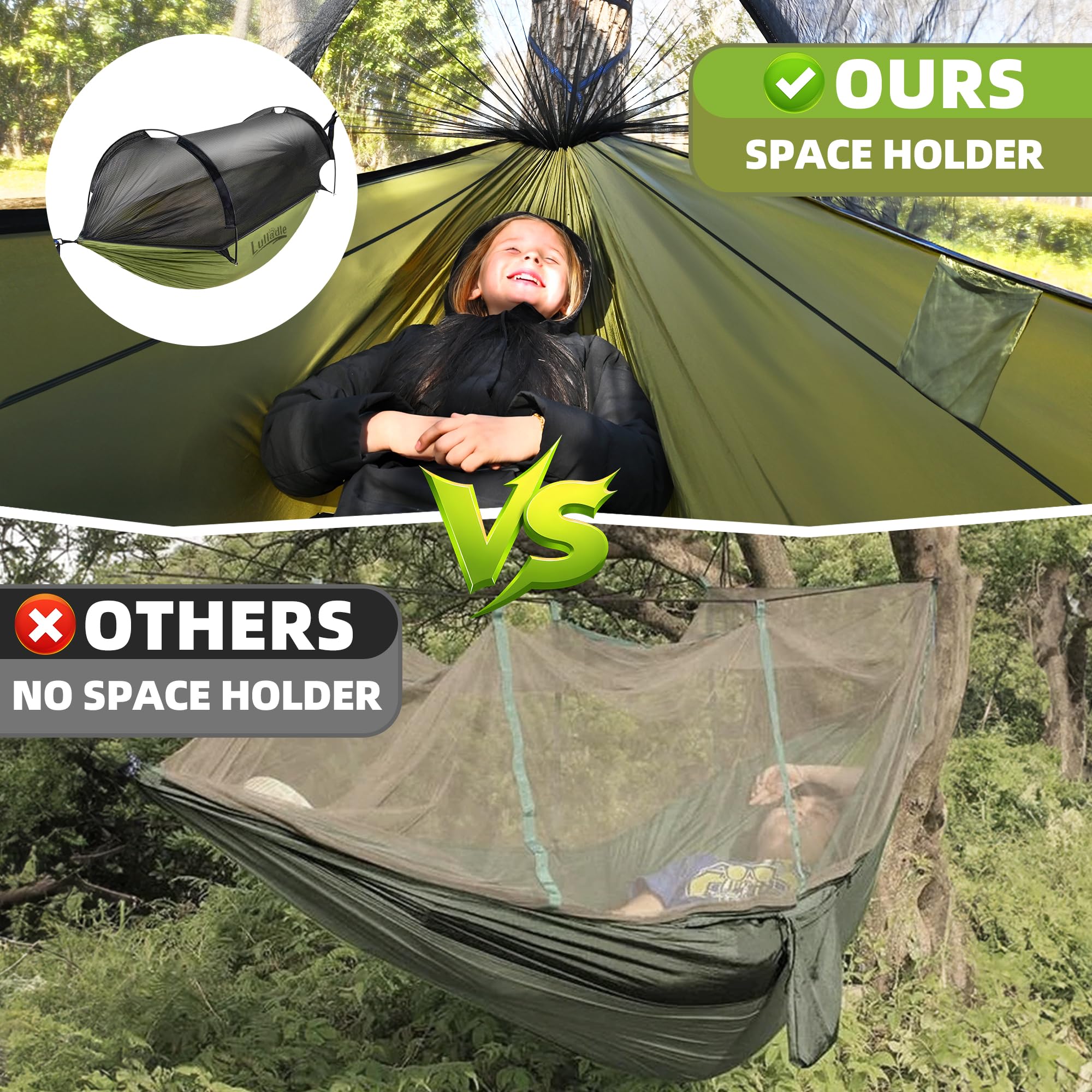 Lulladle Ultralight 2 Person Camping Hammock Mesh House Type Hammock Portable Travel Hanging Hammock 500lbs Durable Parachute Nylon Easy Setup and Pack for Backpacking Hiking Backyard
