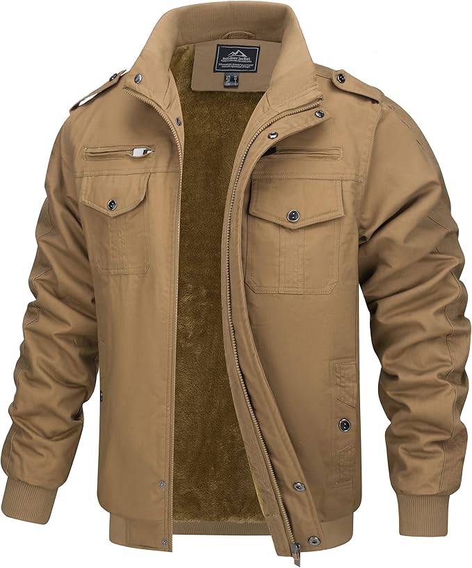 TACVASEN Men's Army Jacket Military Fleece Jacket - Khaki