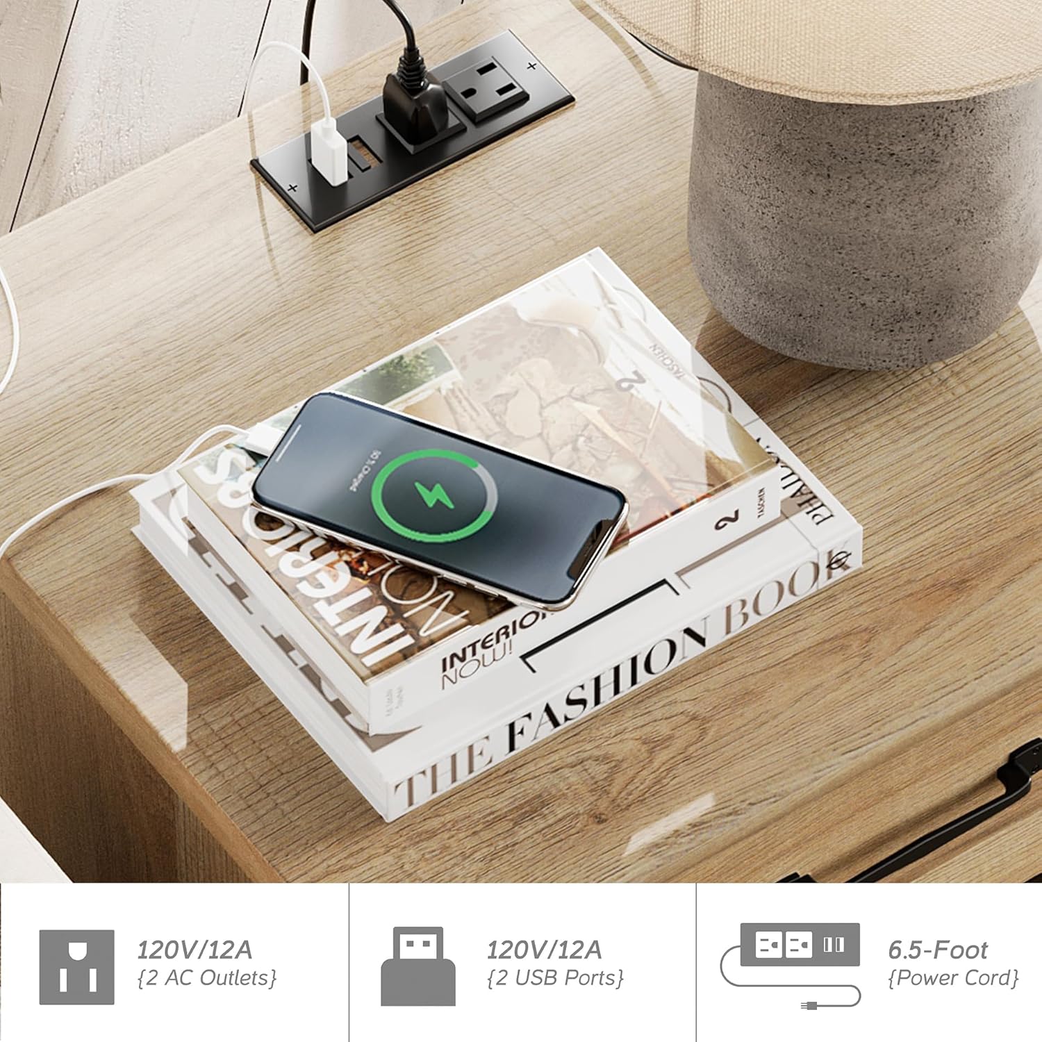 Close-up of the charging station with 2 AC outlets and 2 USB ports