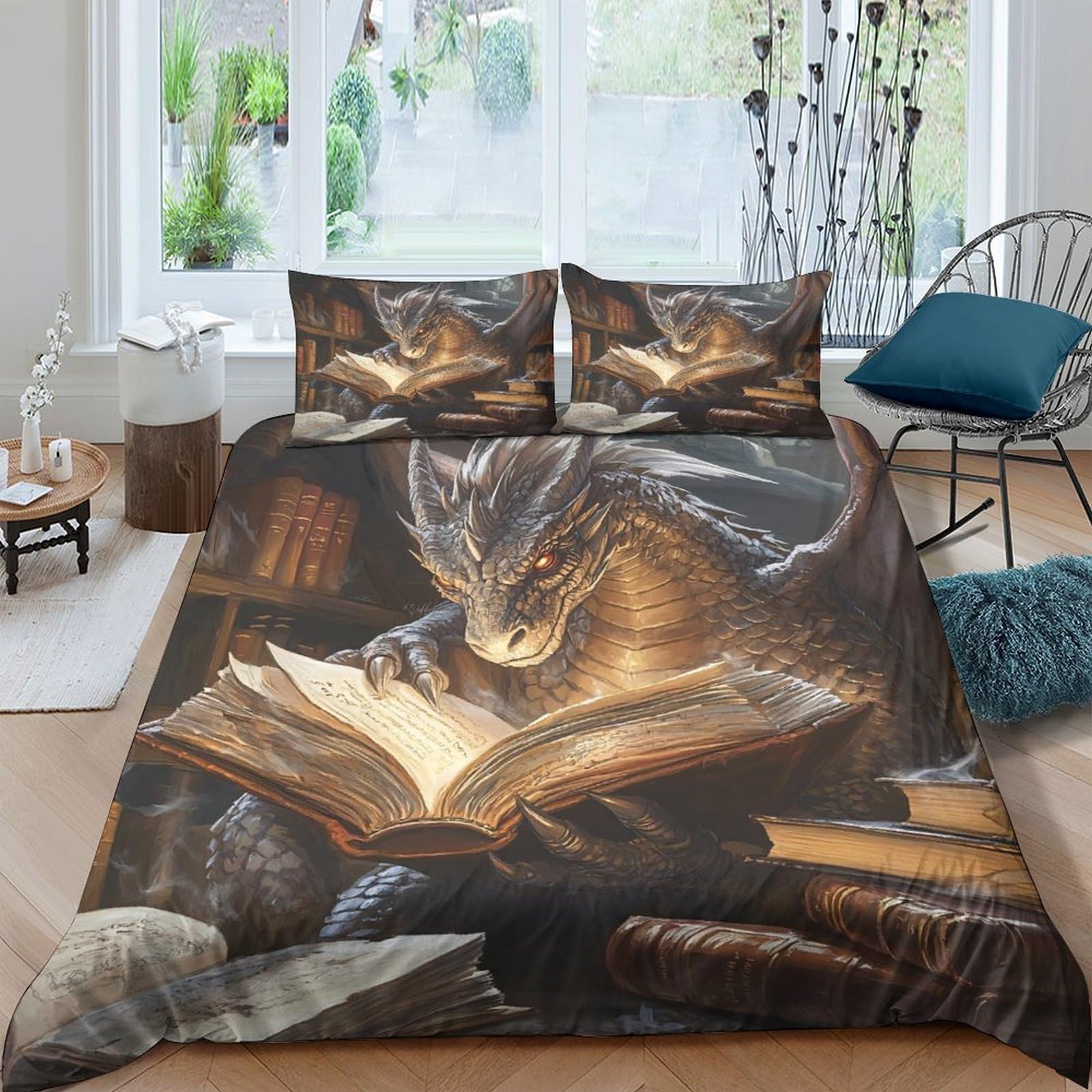 Ctjqhvkz Style-1 3D Printed Dragon Reading Book Fitted Sheet Microfiber Non-Slip Mattress Cover For Bedroom Dorm Easy Care Decor Single（135X200cm）
