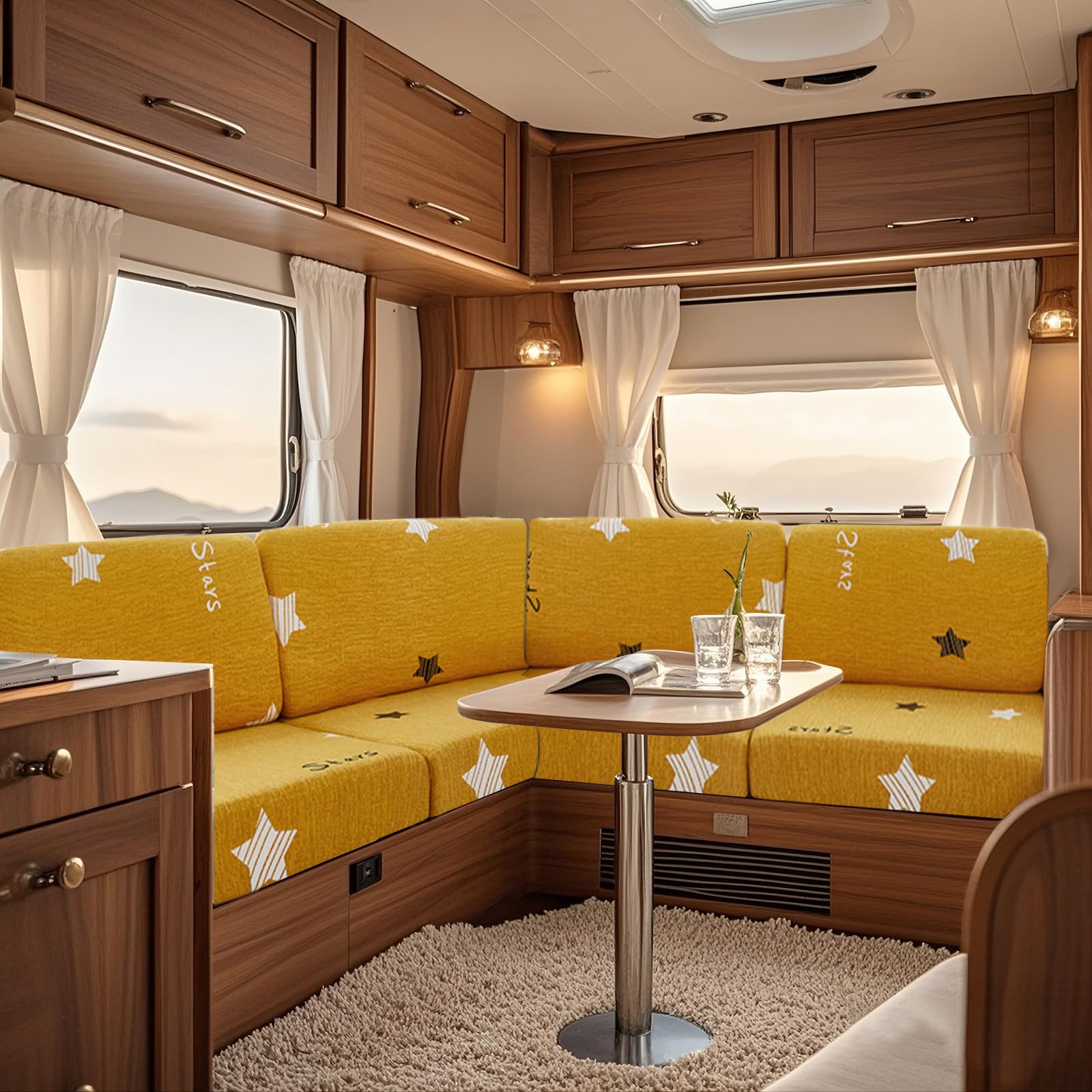 UNBBRRL Fit Stretch Caravan Seat Cover, Non Slip Elastic Fabric Printed Pattern RV Dinette Cushion Cover, Protector for Motorhome Sofa Bench with 4 Straps (yellow star,4 seater)