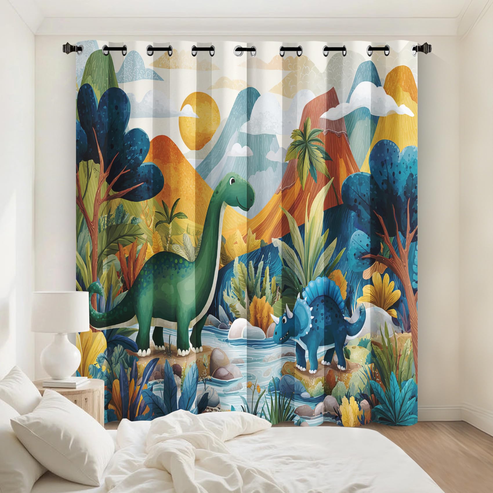 Générique Lot de 2 Rideau Occultant Dinosaure, Rideau Isolant Thermique à Oeillets pour Salon Chambre Cuisine Fenetre, Motif Forêt Adorable Dinosaure Enfants, 140x260 cm (LxH)