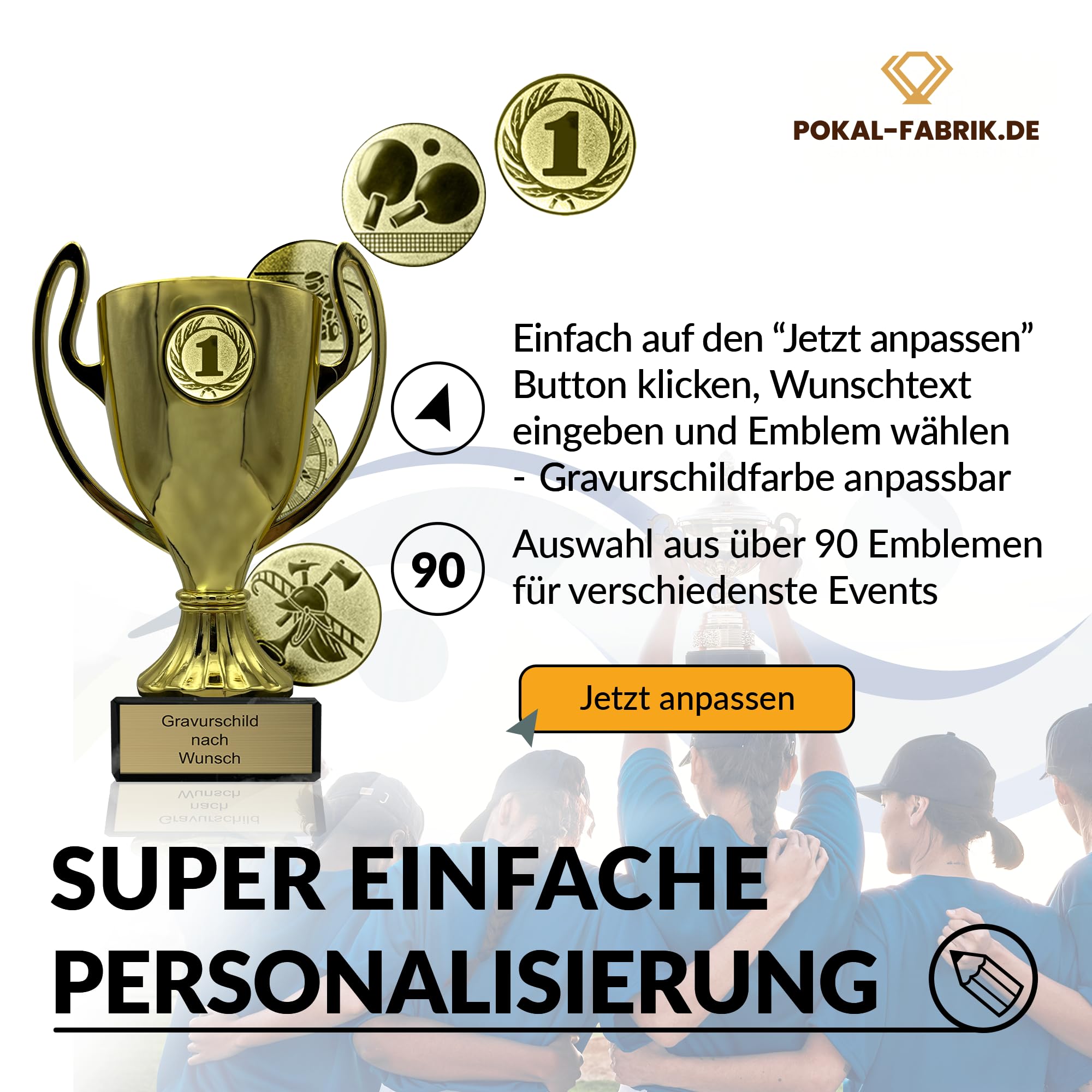 Pokal-Fabrik Pokal mit Gravur Wunschtext – Gold Trophäe mit Sportart Emblem nach Wahl – Personalisierte Auszeichnung für Fußball WM & Sport Events – 16/18/20 cm inkl. Marmorsockel