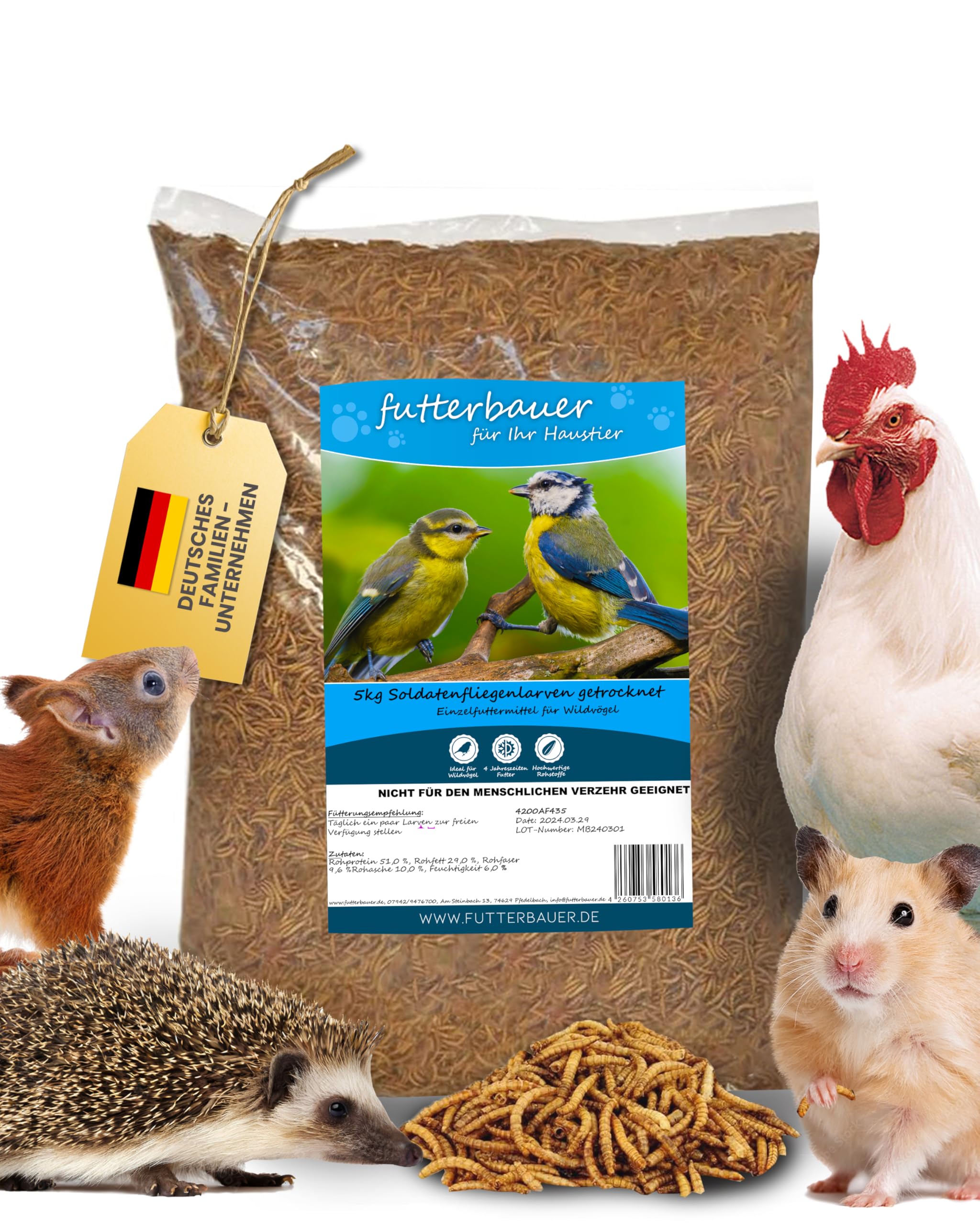 Futterbauer 5kg Soldatenfliegenlarven getrocknet, Premium Vogelfutter, Fischfutter, Futter für Reptilien und Nager, Proteinreiches Naturfutter wie Mehlwürmer
