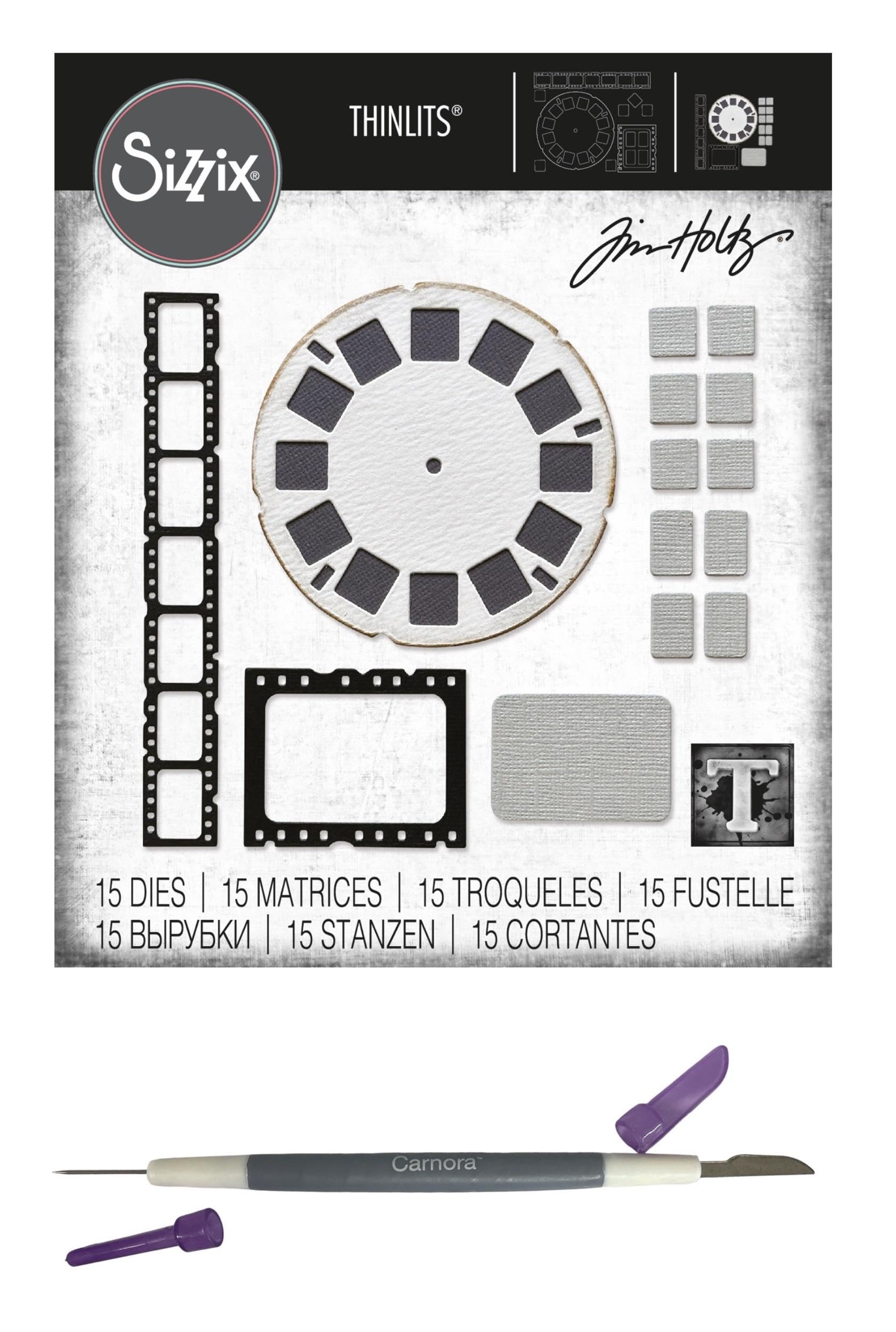 Tim Holtz Sizzix Thinlits Vault Picture Show, 15 Dies, Carnora Two-Ended Die Release Gadget, 2 Item Bundle