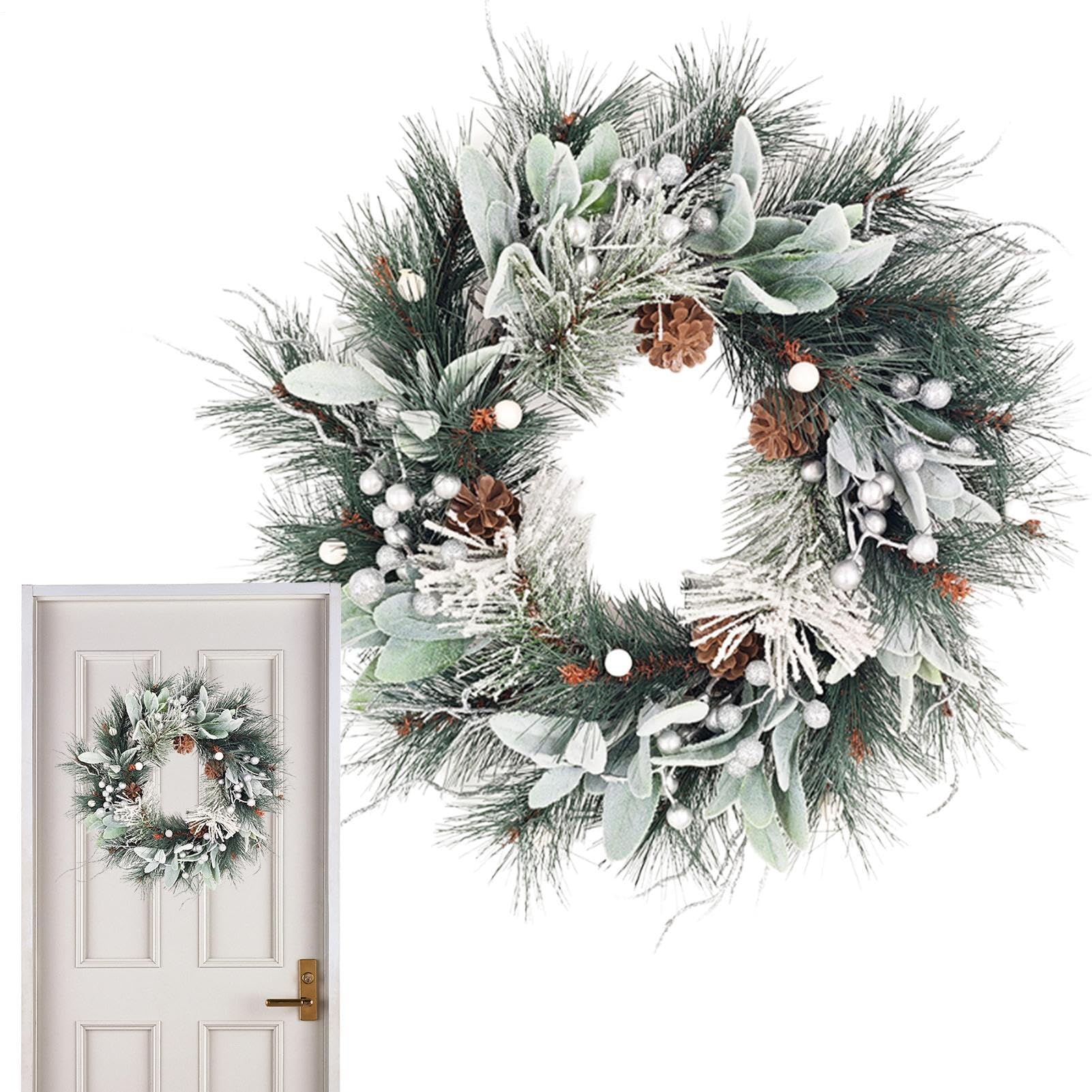Corona de Navidad artificial, decoración navideña artificial, corona de Navidad con piñas, decoración para ventana de cocina, salón, puerta de entrada, fiesta, interior y exterior, estilo rústico