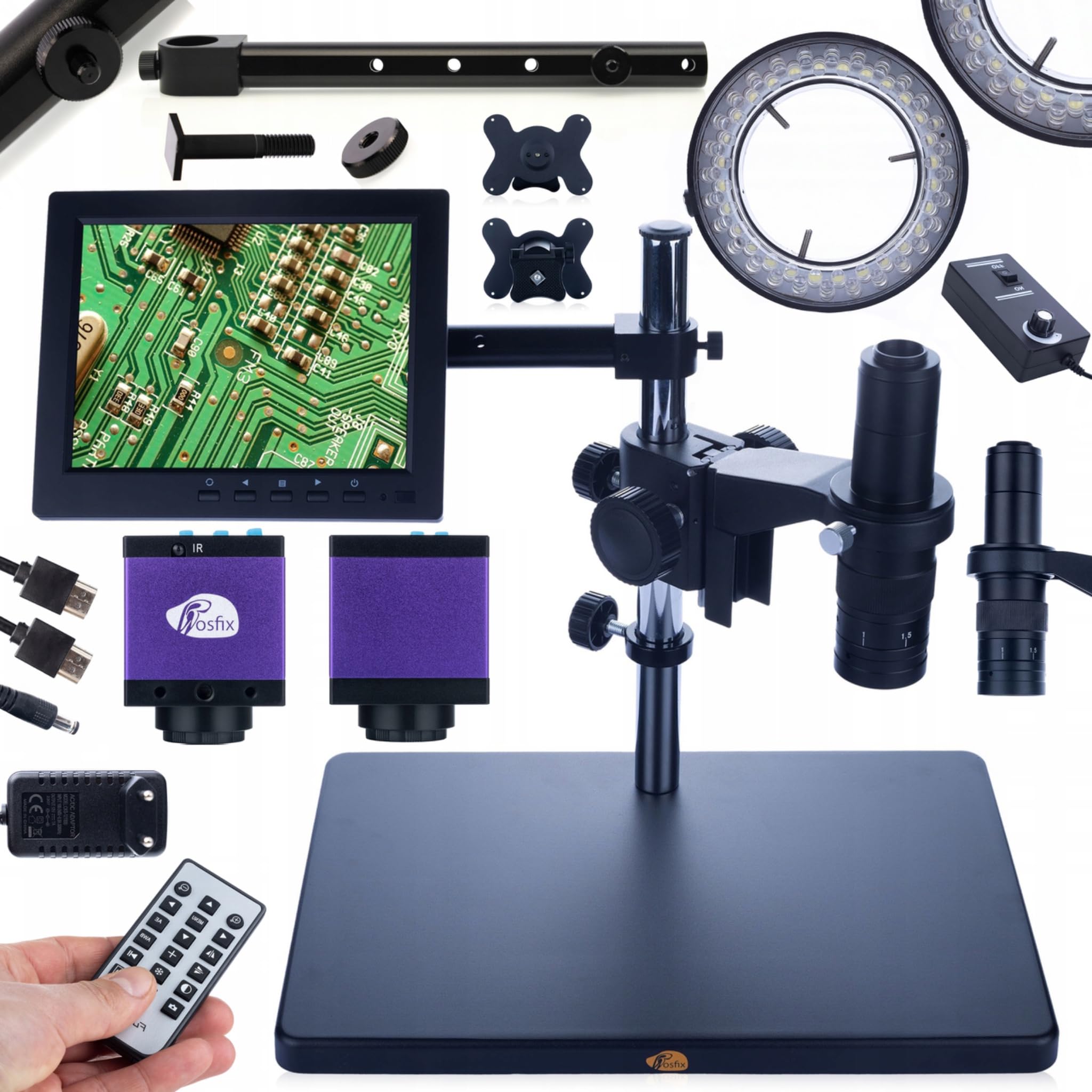 Rosfix Earth Pro MCEP-0.5X - Microscopio digital estéreo con pantalla de 8 pulgadas, iluminación 56 LED, cámara de montaje C Tucana, zoom de 7 a 45x, para laboratorio, industria, electrónica, joyería