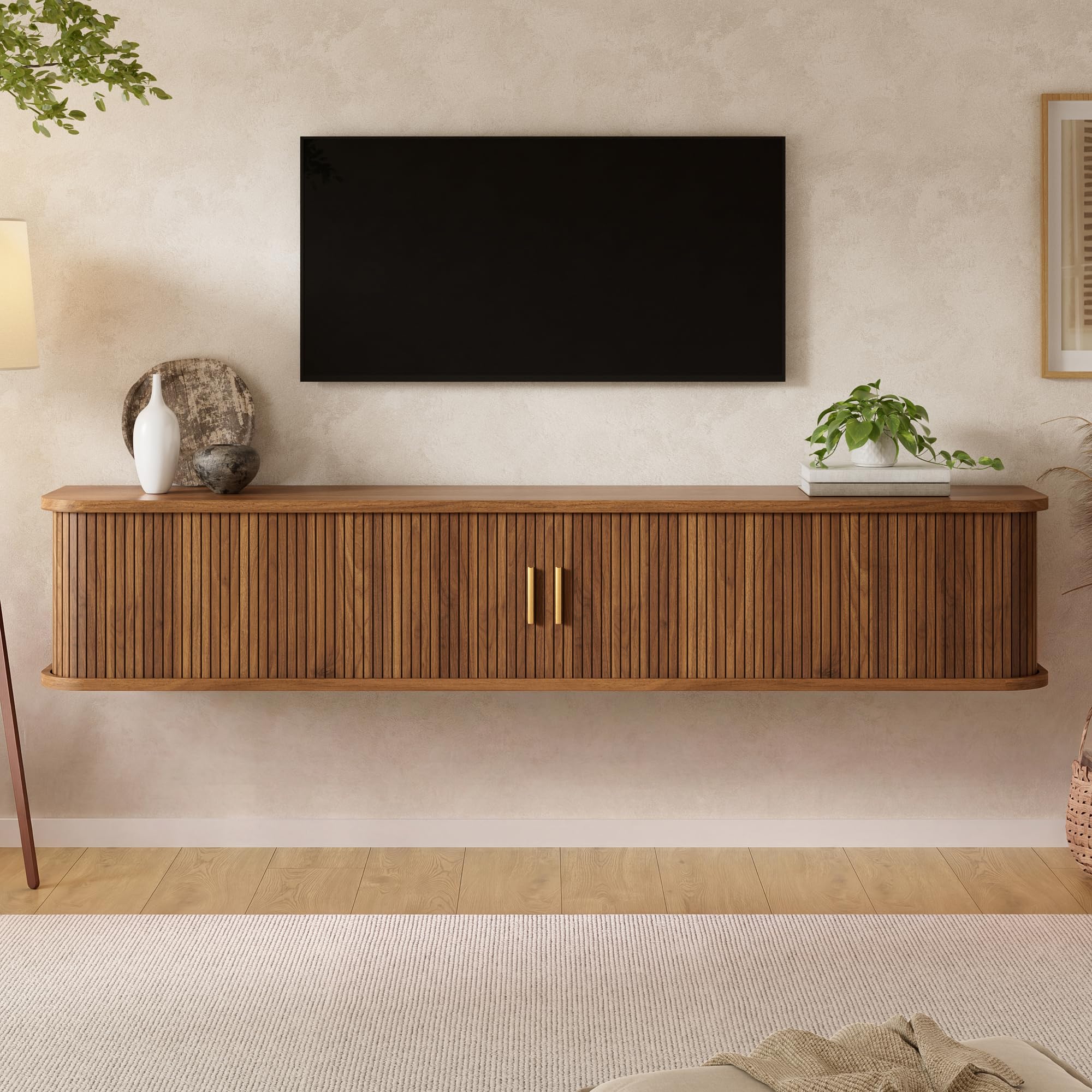 Wandhängendes TV-Lowboard 175x30x30 cm mit LED und Schiebetüren (Nussbaum)