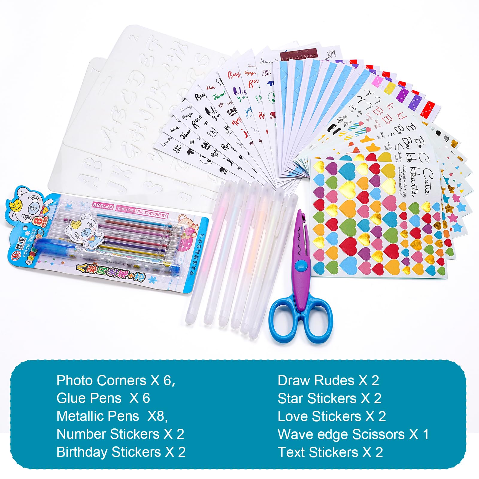 33 Pezzi Scrapbooking Accessori Kit,Set di Accessori per Album per Album Fotografici Diario Fai da Te Decorazione(Con Adesivi, Evidenziatore, Forbici, Modelli)
