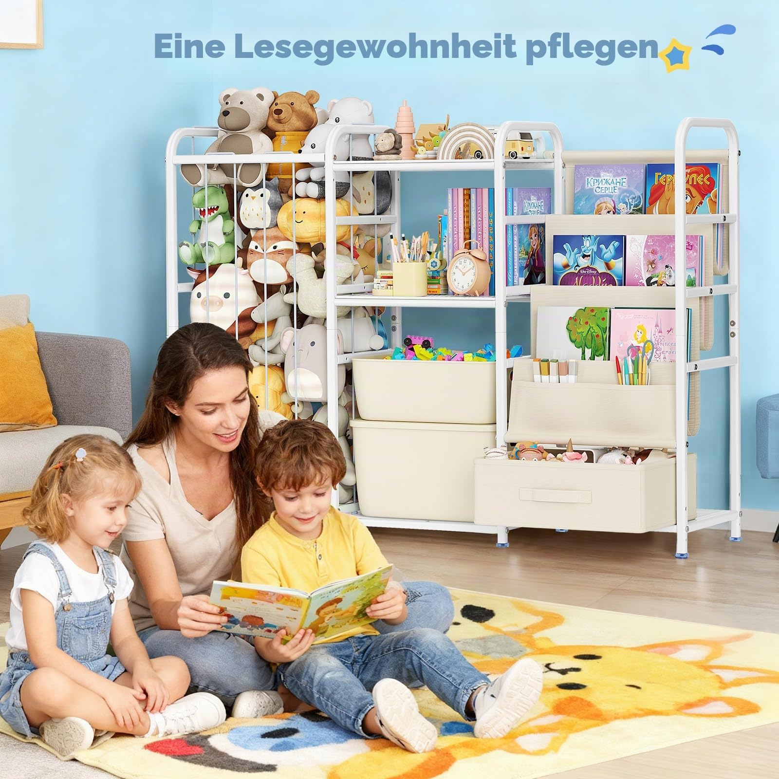 3-in-1-Kinder Bücherregal Kinderzimmer, Spielzeugregal Kinderzimmer mit Spielzeugkiste Kinderbücherregal und Spielzeugorganizer 3 Hängetaschen Schublade für Kindergarten, Spielzimmer (Weiß)