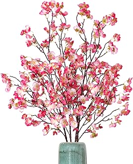 4 Pcs Artificial Cherry Blossom Flower Branches, Bulk Silk Faux Flowers Real Touch Bouquet for Home Wedding Party Centerpieces Spring Summer Decor, Vase Not Included(Deep Pink)