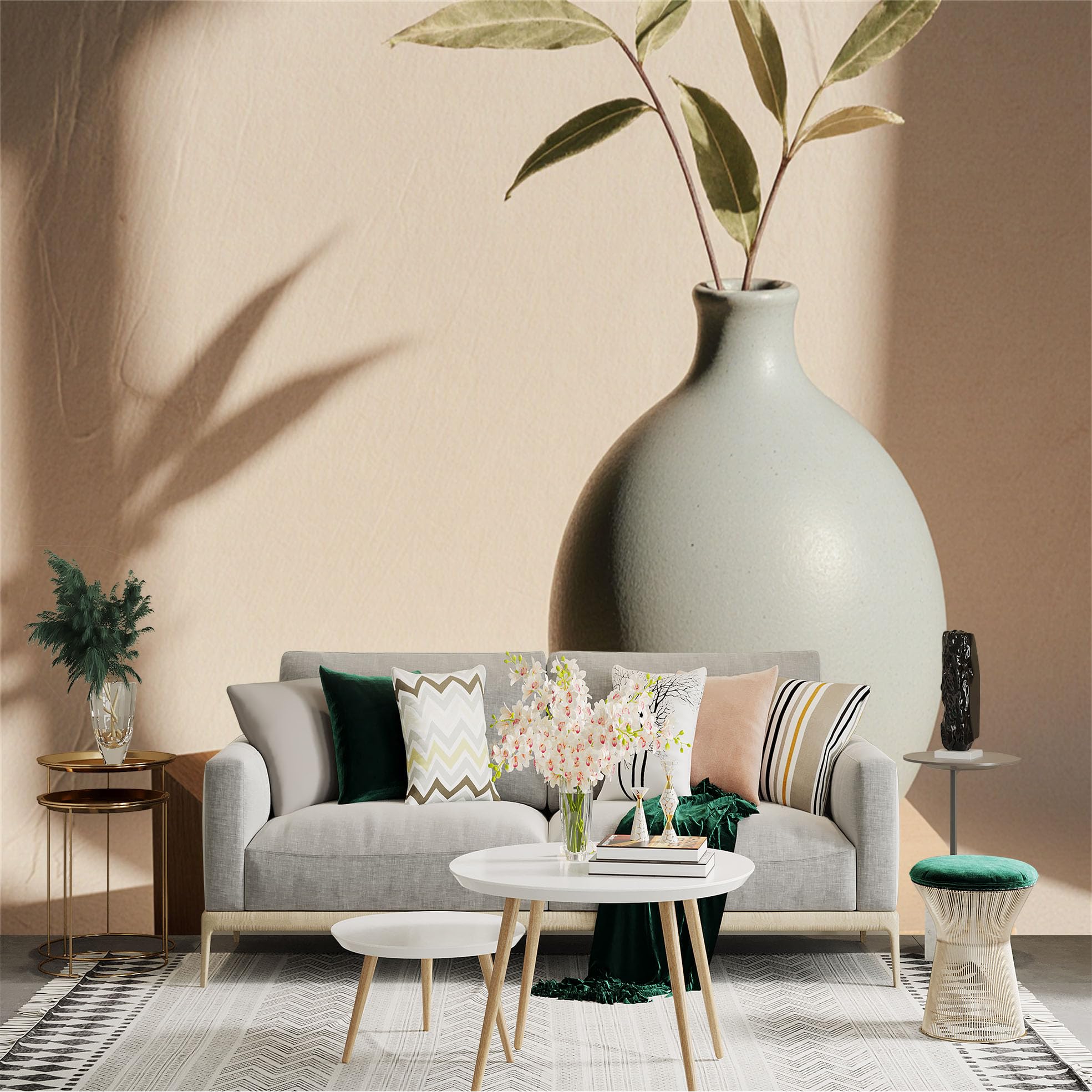 Custom Size Wall Sticker Mural， Minimalist Ceramic Vase with Plant Branch， Neutral Tone Still Life， Sunlit Shadows， for wall Decoration， peelandstick wall Decals.