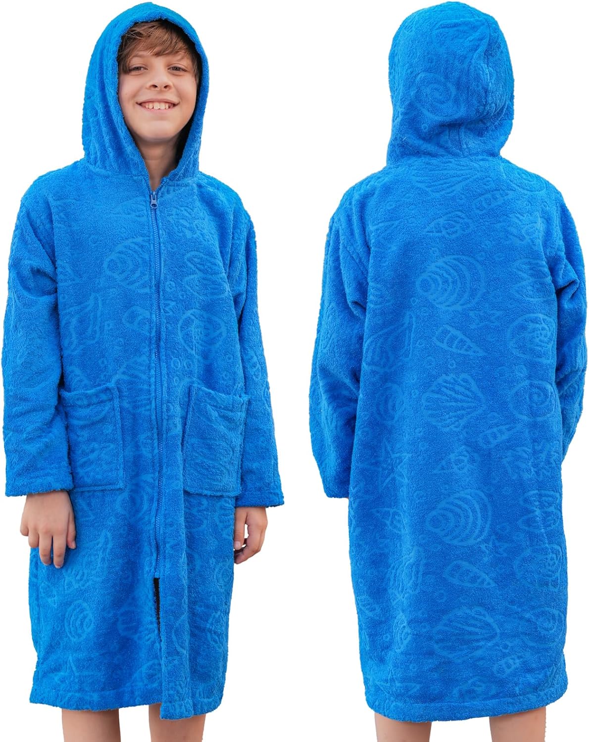 ALLEN & MATE 100% Cotton Hooded Kids Bathrobe with Zipper, 380 GSM Safety Certified Quick Dry Changing Robe for Boys & Girls