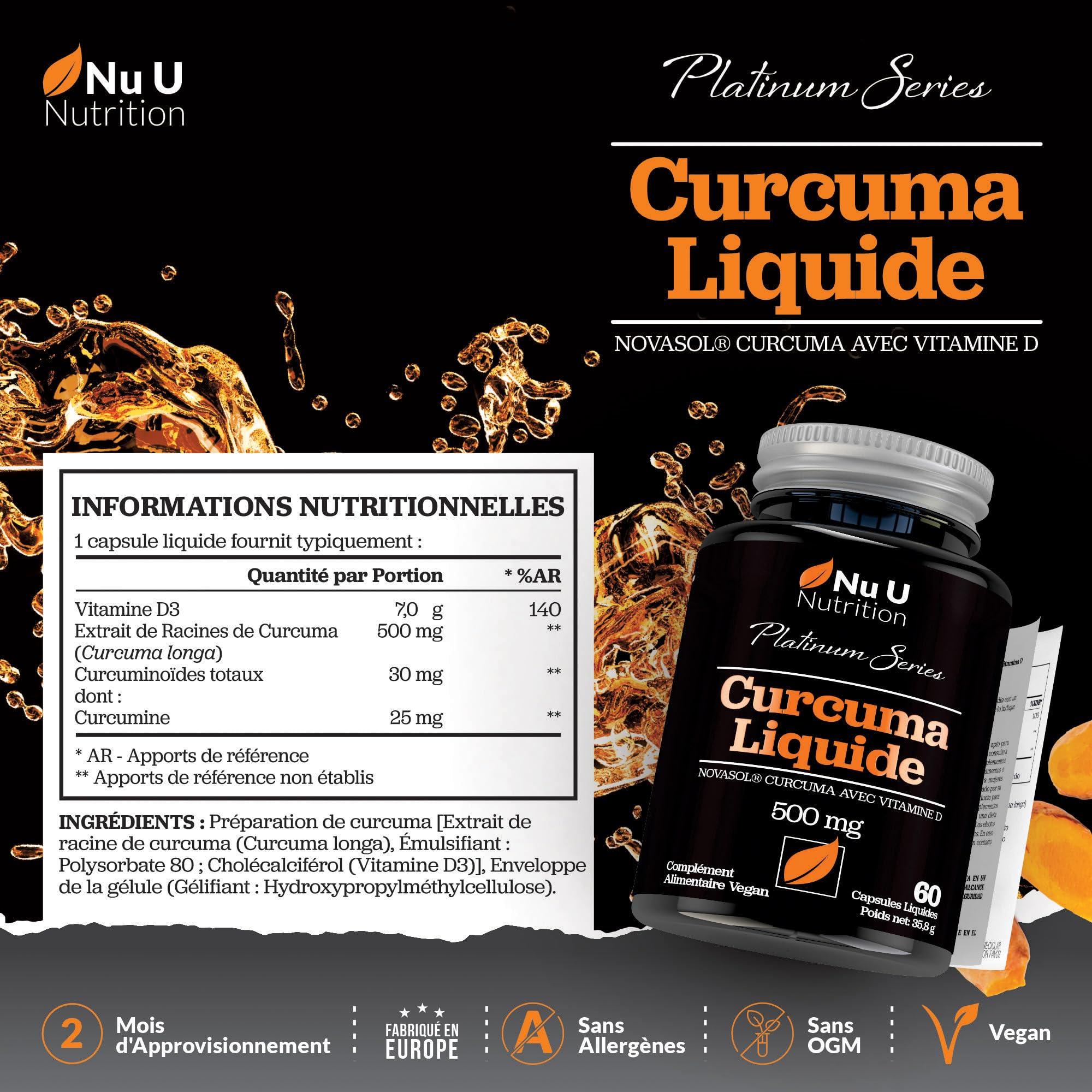 Turmeric Curcuma Capsules (Liquide) avec Vitamine D 185 plus de Biodisponibilité NovaSOL® Curcumine, 60 Capsules, Premium Turmeric Curcumine Liquide de Forte Puissance, pas de Comprimés