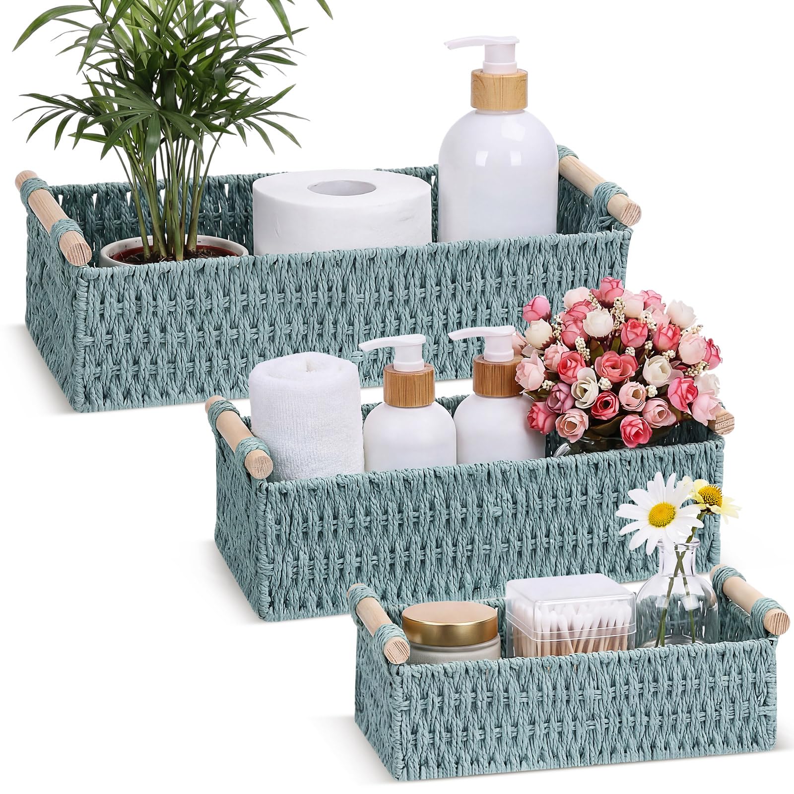 Boao 3 Pcs Boho Storage Wicker Baskets Handmade Woven Decorative Paper Rope Baskets for Organizing with Handle Countertop Toilet Paper Storage Container for Toilet Tank Top(Grey Blue,Rectangle)