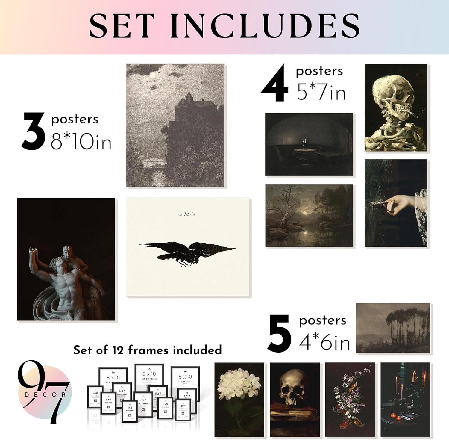 97 Decor FRAMED Gothic Wall Art - Dark Academia Decor For Bedroom, Gothic Posters For Room, Halloween Gothic Prints For Home, Goth Gallery Wall Frame Set Vintage Framed Wall Art (Black Frame)