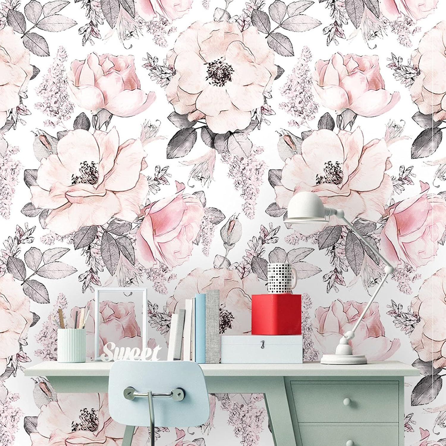 Removable Peel 'n Stick Wallpaper, Self-Adhesive Wall Mural, Watercolor Pink Floral Pattern, Nursery Room Decor • Girl's Peonies & Roses (24" W x 96" H Inches)