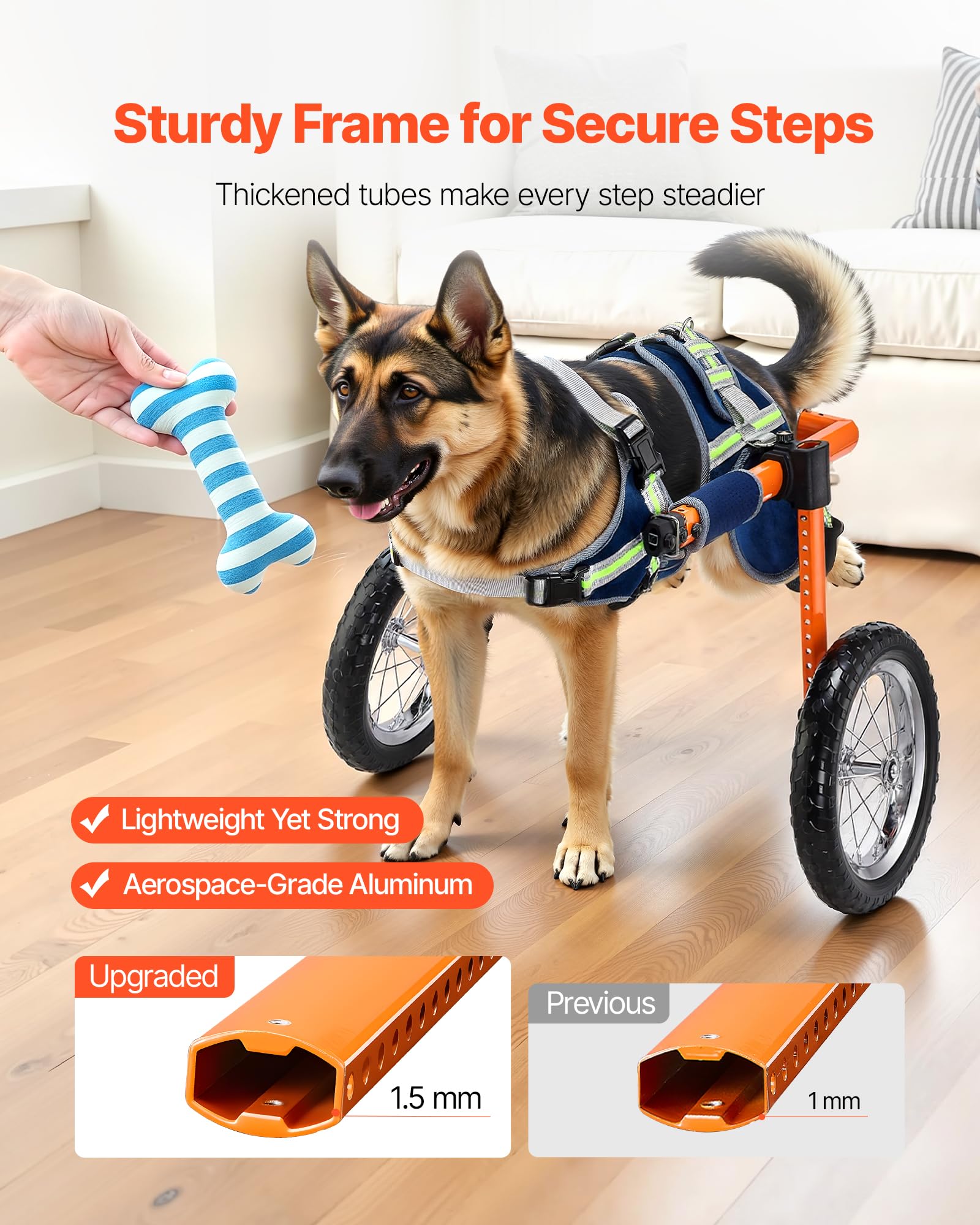 VEVOR Sedia a rotelle per cani per gambe posteriori, sedia a rotelle leggera a 2 ruote, regolabile in altezza, larghezza e lunghezza, carrello per cani con ruote ammortizzanti, per cani feriti e