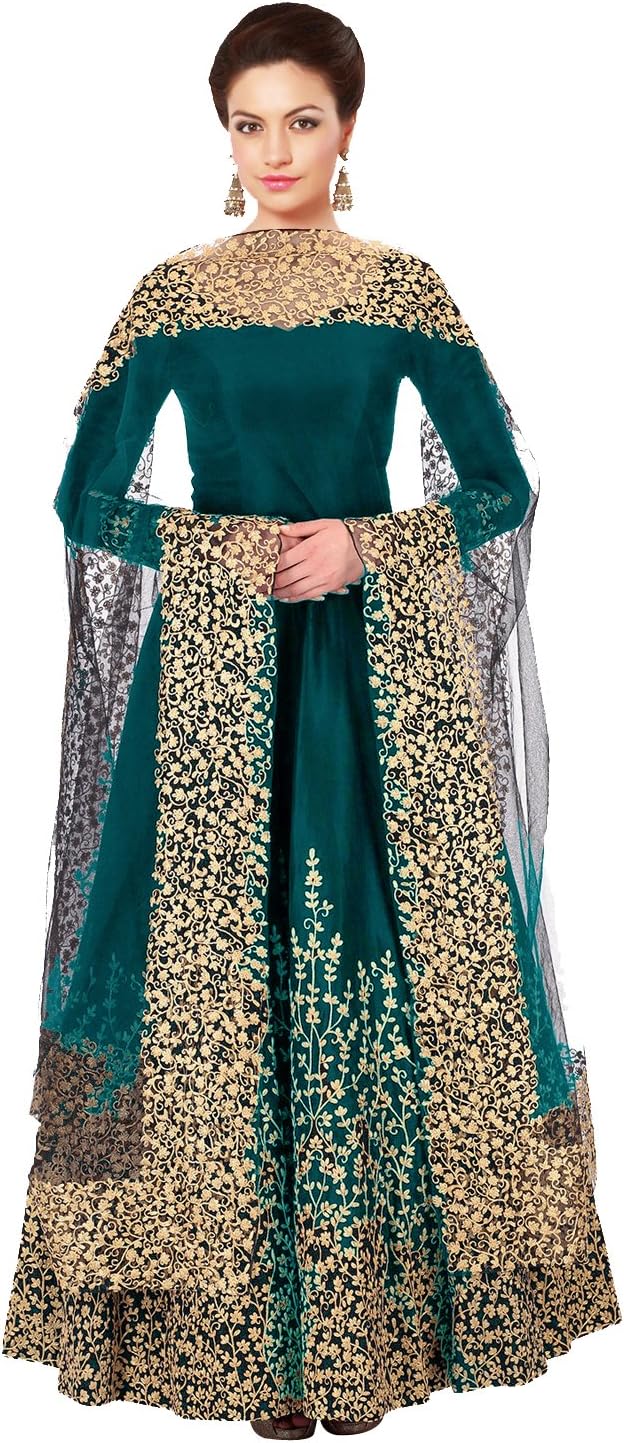 F4style New Firoji Long Embrodered Semi Stitched Designer Anarkali Suit (ER10454)