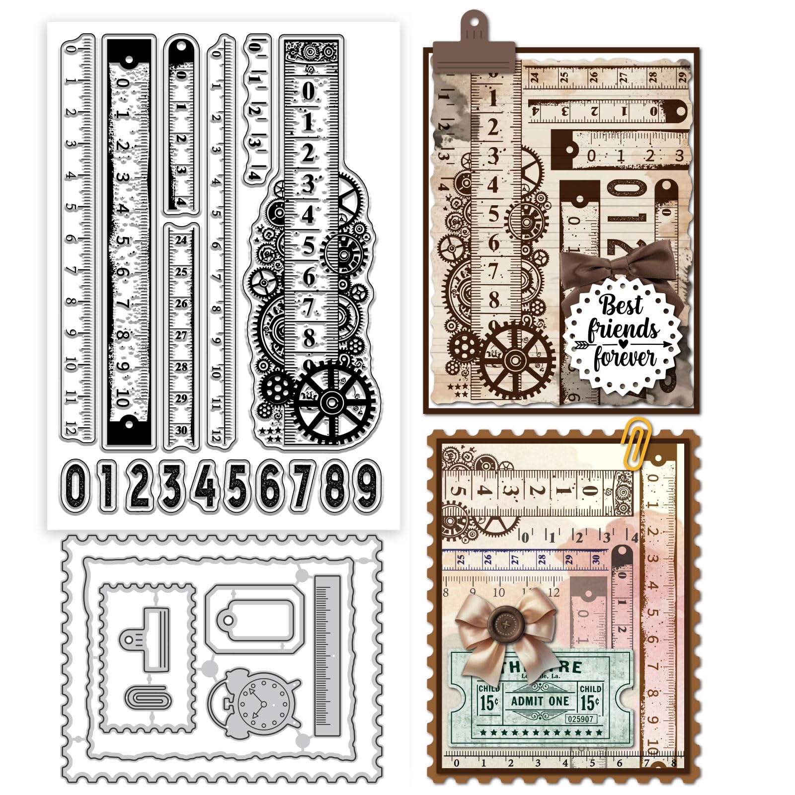 GLOBLELAND Retro Ruler Clear Stamps and Metal Die Cuts Number Transparent Stamp Lable Frame Cutting Dies for Card Making Embossing Scrapbooking