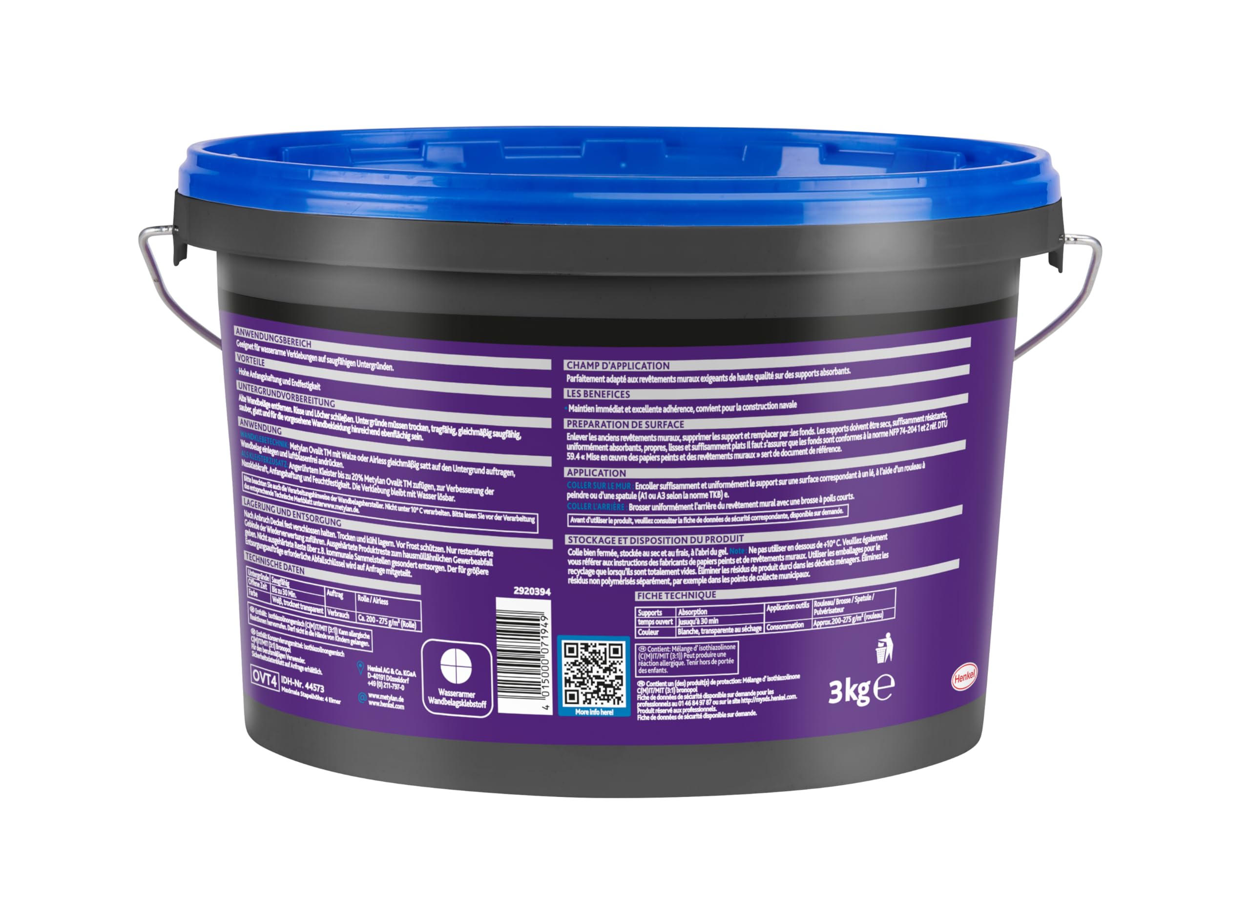 Metylan Ovalit TM, Tapetenkleber pur oder als Zusatz für Tapetenkleister, sehr starker Kleber für schwere Wandbeläge, feuchtigkeits- & nässeunempfindlicher Klebstoff, 1x3kg Eimer (bis zu 12m²)