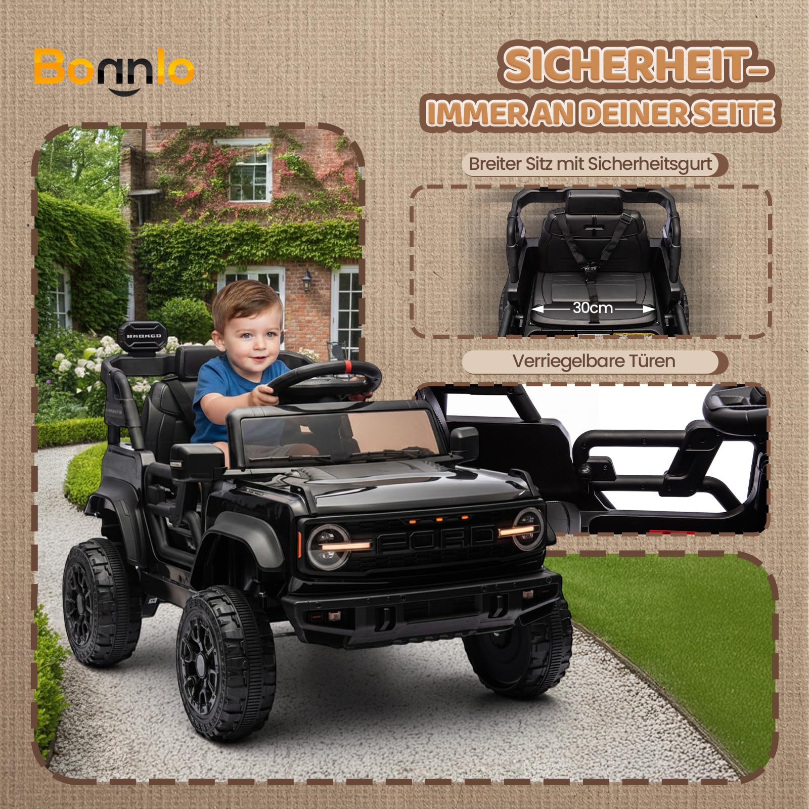 Bonnlo Ferngesteuertes Auto Ford Bronco Raptor, Elektrofahrzeug ab 3 Jahren, Kinder Elektroauto mit Fernbedienung, 2 x 25W Motoren, Zwei Fahrmodi, Auto Spielzeug, 1 Sitzer, Schwarz