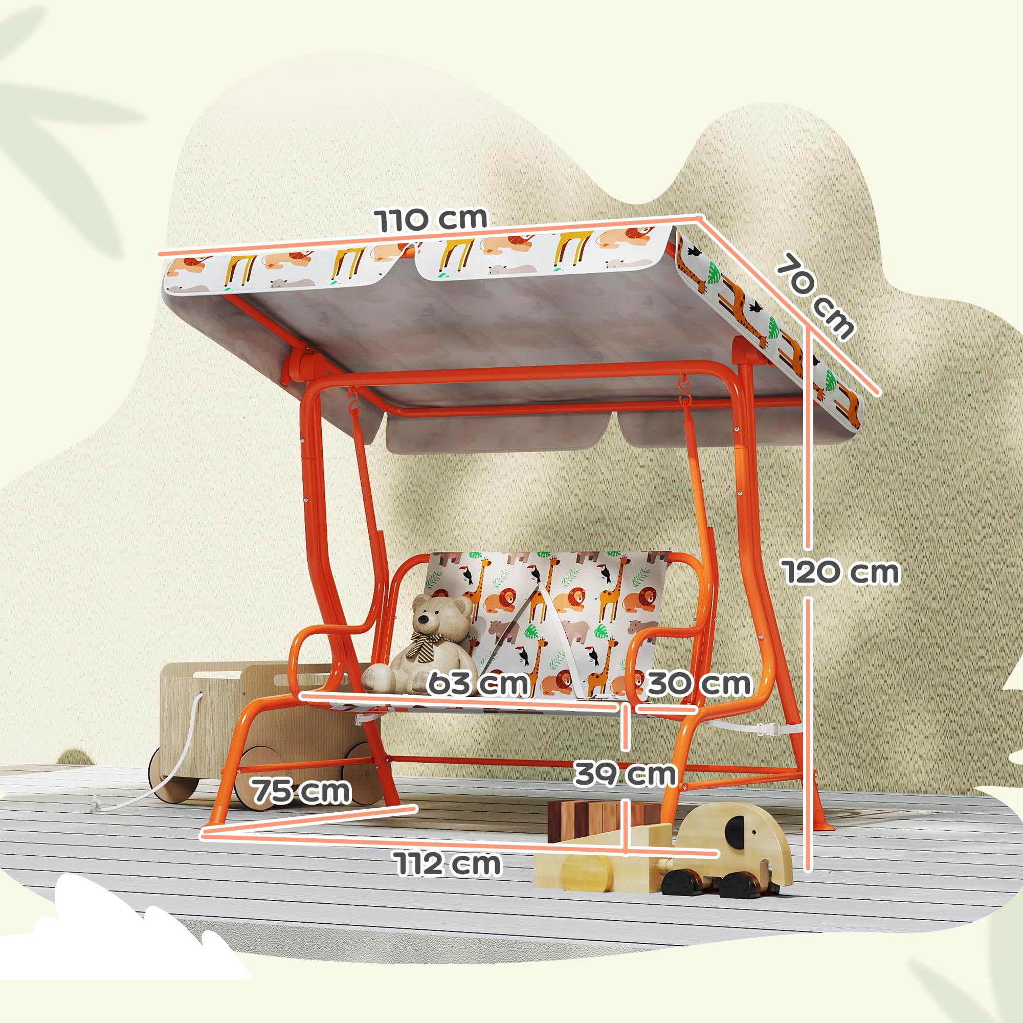 AIYAPLAY Balançoire pour enfants, banc à bascule 2 places avec auvent réglable, ceintures de sécurité, pour l'intérieur et l'extérieur, pour le jardin, la terrasse, la salle de jeux, orange