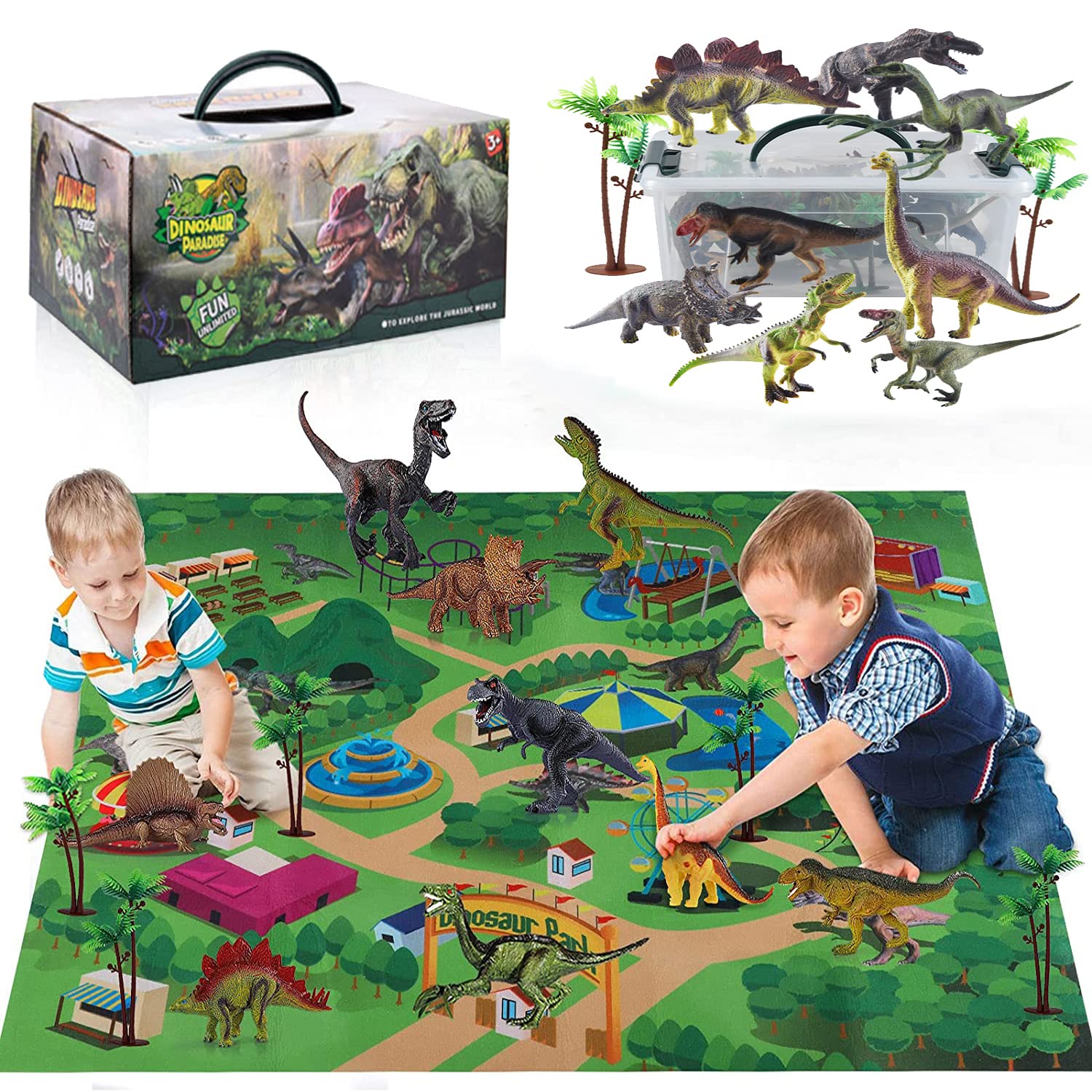 Beauenty Dinosaur Toys Set with 27.6 x 31.5 in Soft Play Mat，9 Realistic Dinosaur Playset Model and 5 Trees to Create a Dino World ，Educational Toy for Age 3 4 5 Year Old (9pcs)