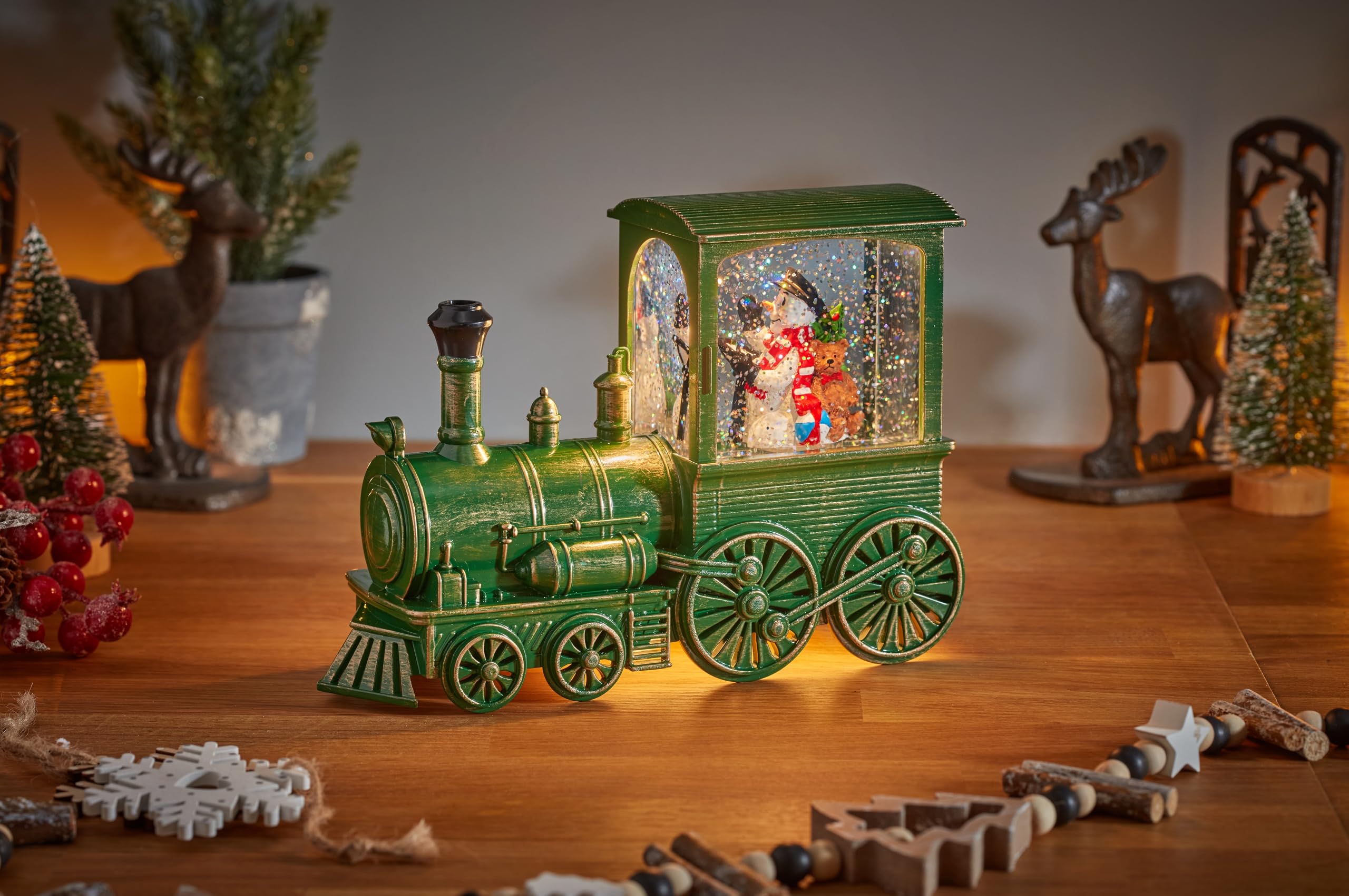 Smart Garden SnowSwirl All Aboard Train – Light-Up Snowman Snow Globe with Swirling Glitter – 17cm Festive Christmas Decoration – Battery Operated