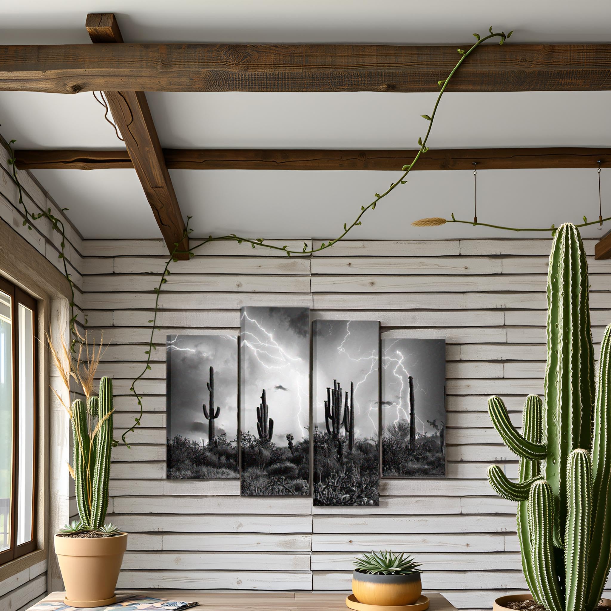 Nachic Wall 4 Paneele Schwarz und Weiß Landschaft Bild Saguaro Wüste in Beleuchtung Sturm Fotos Druck auf Leinwand Moderne amerikanische Arizona Landschaft Gemälde Gerahmt für Zuhause Haus Wohnzimmer