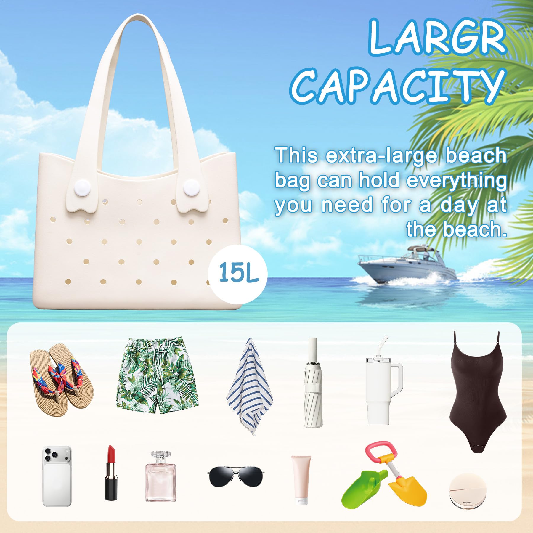 Larcenciel Strandtasche aus Gummi, wasserdichte Damen Tote Bag mit Perforiertem Design und Schultergurt, Beige Handtasche für Sommer, Reise, Pool, Boot, Arbeit, Sport, 35x27x11 cm