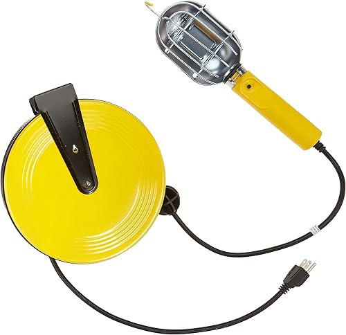 BAYCO SL-840 - Luz incandescente de metal con receptáculo a tierra en carrete de metal de 40 pies, amarillo/negro