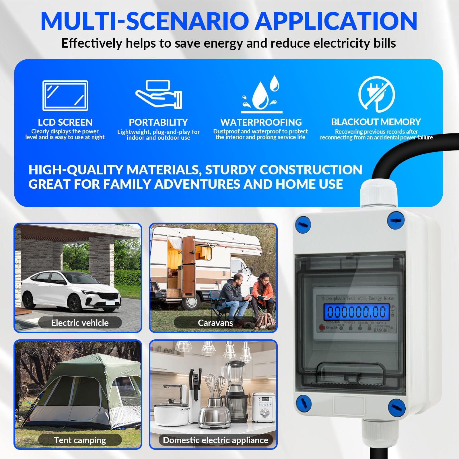 Contador de electricidad móvil 32A CEE con Pantalla Digital, Contador electrico Digital Movil 230V, Contador Movil Enchufe para Camping, Caravanas, Vehículos Eléctricos, Obras, Contador Móvil