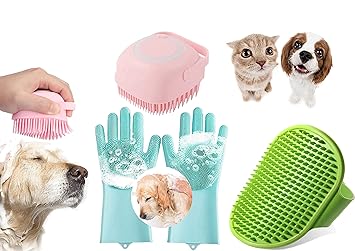 Style Keepers Combo Of 3 Pcs Silicone Dog Bathing Hand Gloves (Pair) & Pet Dog Bath Brush Soft Silicone Shampoo Massage Brush,Hair Fur Grooming Cleaning Brush Shampoo Dispenser For Dogs Cats Rabbit - image, photos