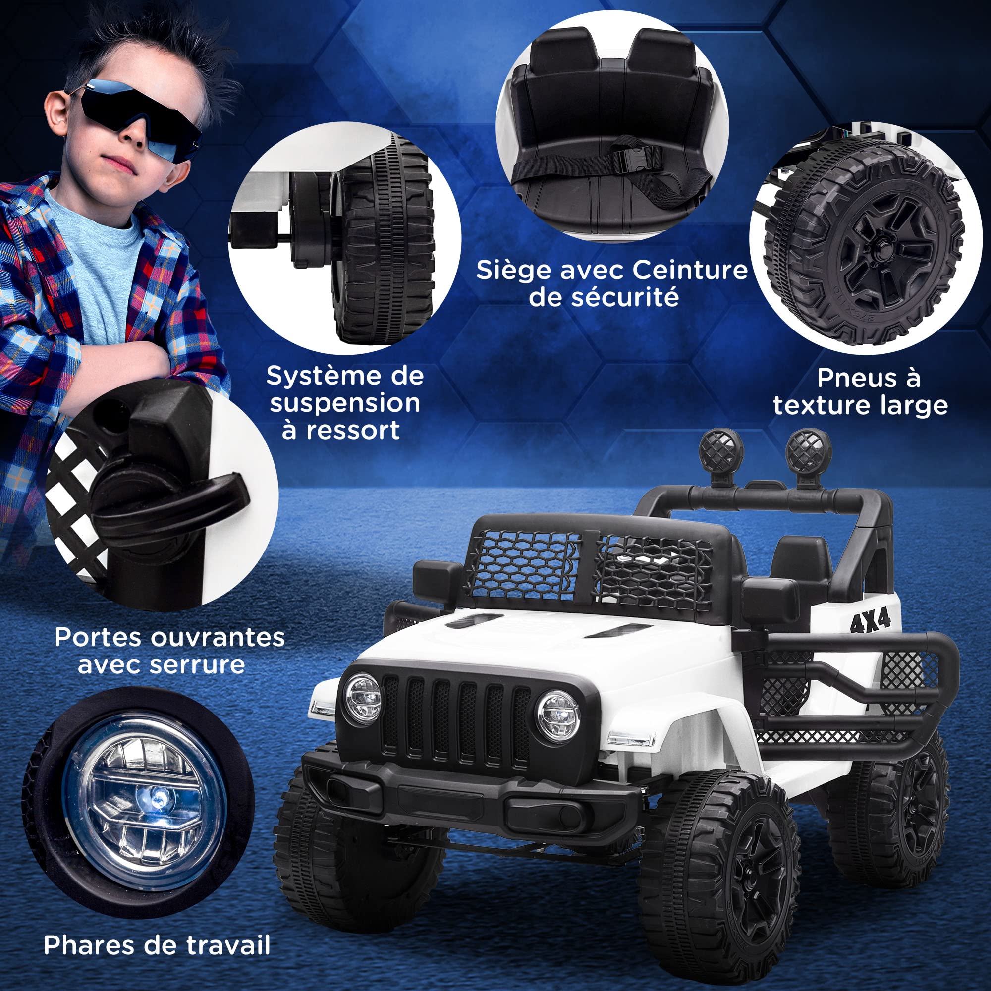 HOMCOM Voiture électrique pour Enfants Roue arrière motrice 12 V 5 km/h Max. avec télécommande Son et Effet Lumineux dim 100L x 65l x 72H cm Blanc