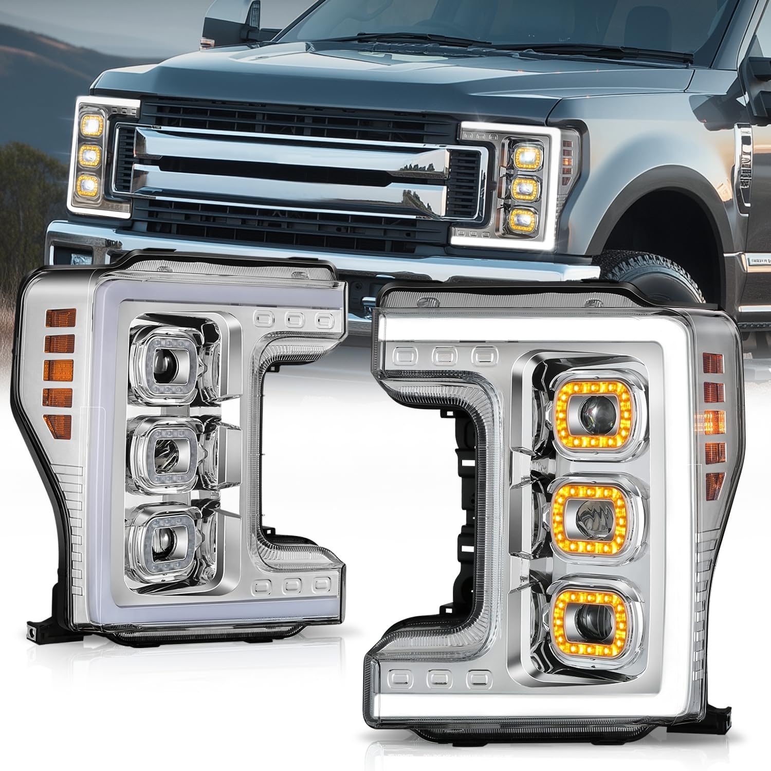 Auto Dynasty Headlights Assembly Compatible with 2017 2018 2019 Ford F250 F350 F450 Super Duty, Full LED DRL Head Lamp with Projector Beam, Chrome Housing Amber Corner
