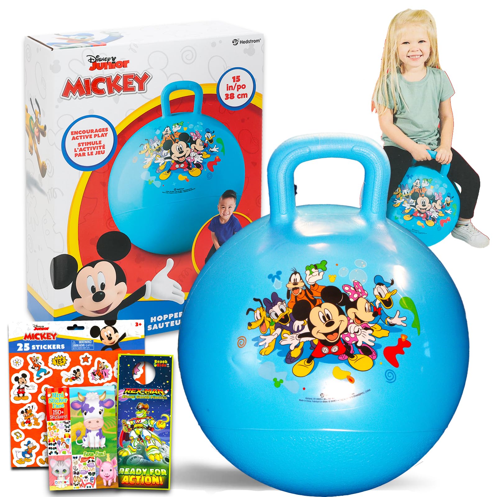 Disney Mickey Mouse Hopper Ball for Kids - Bundle with 15 Inch Mickey Bouncy Ball with Handle, Stickers, and More (Mickey Mouse Outdoor Toys)