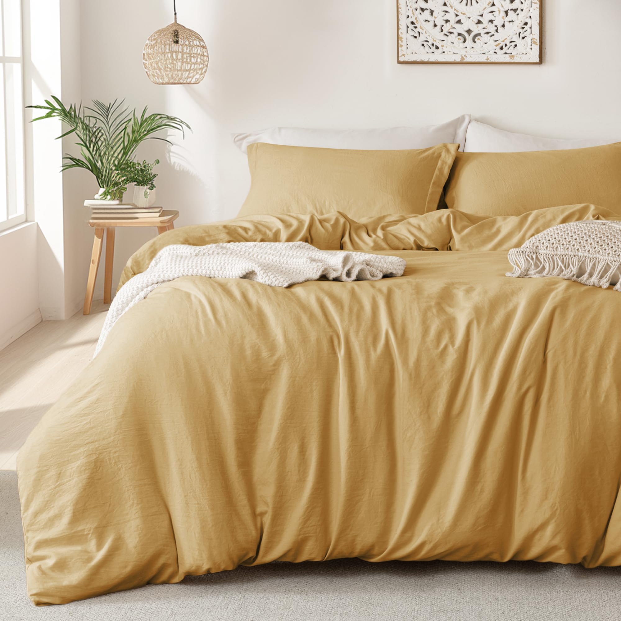 MILDLY Super Soft Duvet Cover - 100% Washed Microfiber Warm Mustard Yellow Comforter Cover Set 3 Pieces with Zipper Closure & Corner Ties (No