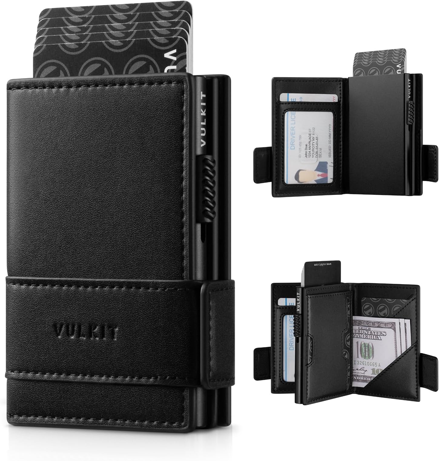 Card Holder Bifold Pop Up Leather Wallet for Men RFID Blocking Metal Card Case, Holds 9 Cards and Banknotes Black