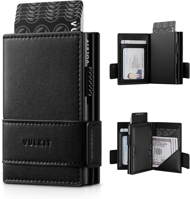 VULKIT Porte-cartes Bifold Pop Up portefeuille en cuir pour les hommes RFID Blocage du boîtier de carte métallique, cales 9 Cartes et billets Noir