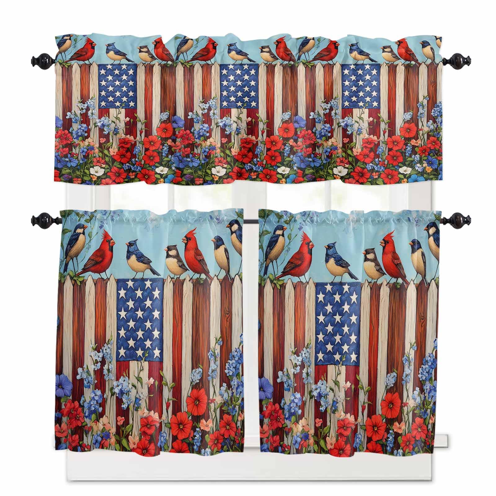 Yomandocix Kitchen Curtains and Valances Set, Independence Day Rod Pocket Curtains Tier Farmhouse Window Treatment 36 Inch Length, 4th of July Bird USA Flag Flower Bird 3 Piece Kitchen Curtain Set