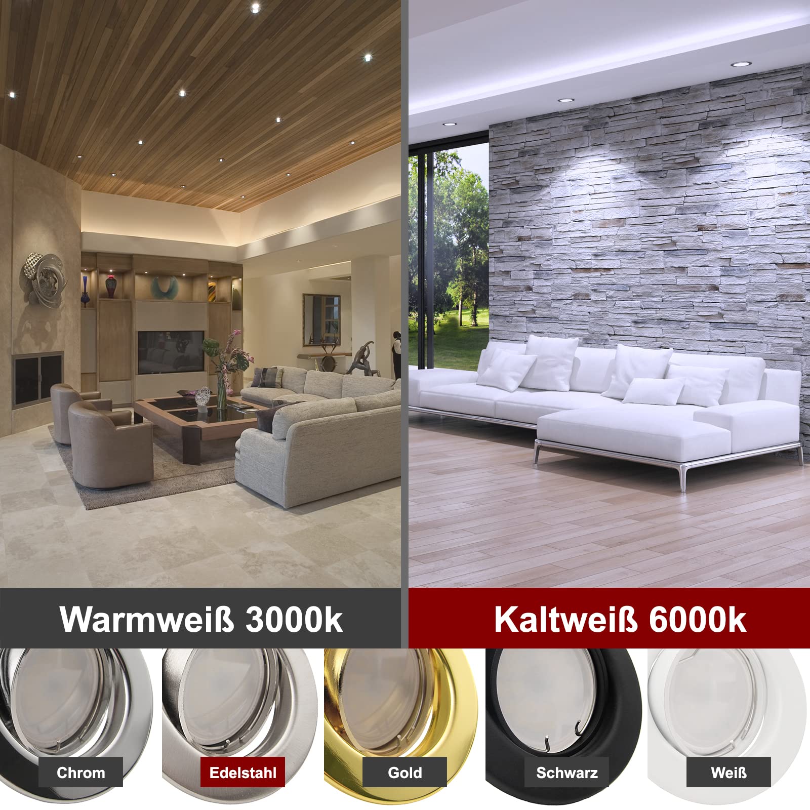 trendlights24 Decora LED Einbaustrahler 230V 10er Set 6W Kaltweiß GU10 Spot | Deckenspots, Edelstahl Optik, rund, 500lm, 6000k, Spots, austauschbar, Decken Einbauleuchte, schwenkbar, 68 mm Lochmaß