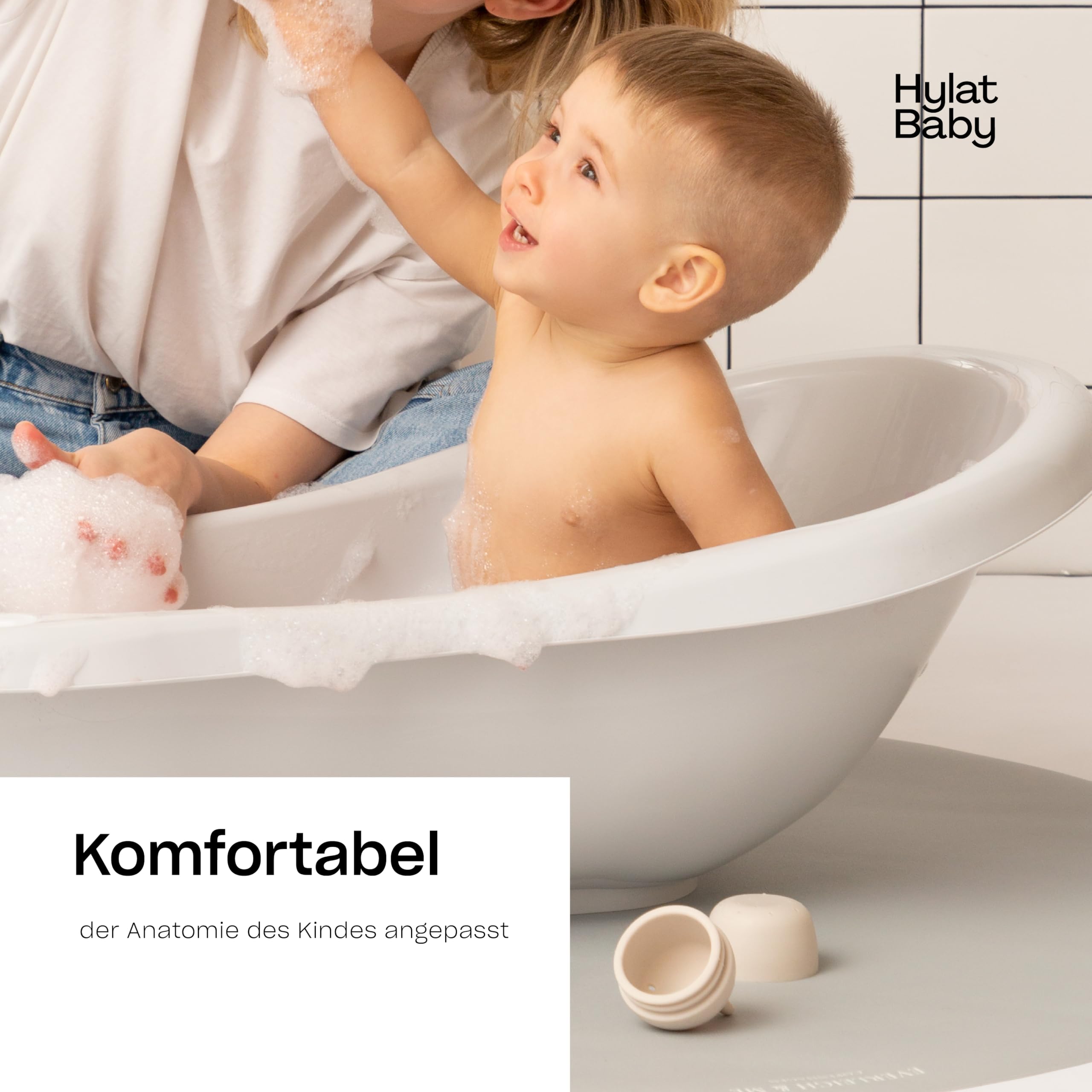 Hylat Baby Badewanne mit Gestell und Ablauf - TÜV Rheinland geprüft - Ergonomisch und komfortabel für Babys und Kleinkinder - Kollektion Lite - Farbe: grau, Motiv: Friends