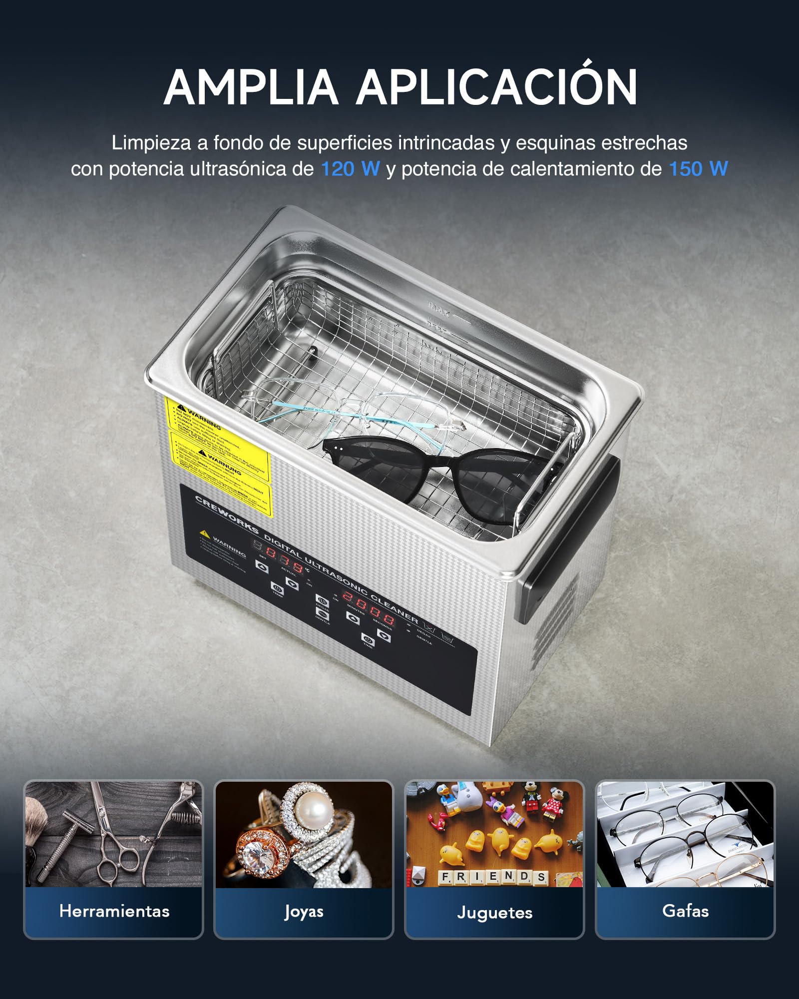 CREWORKS 3L 120W Limpiador Ultrasonidos con Calefacción Temporizador Maquina de Limpieza Ultrasonidos Acero Inoxidable para Prótesis Dentales, Joyas, Gafas, Relojes