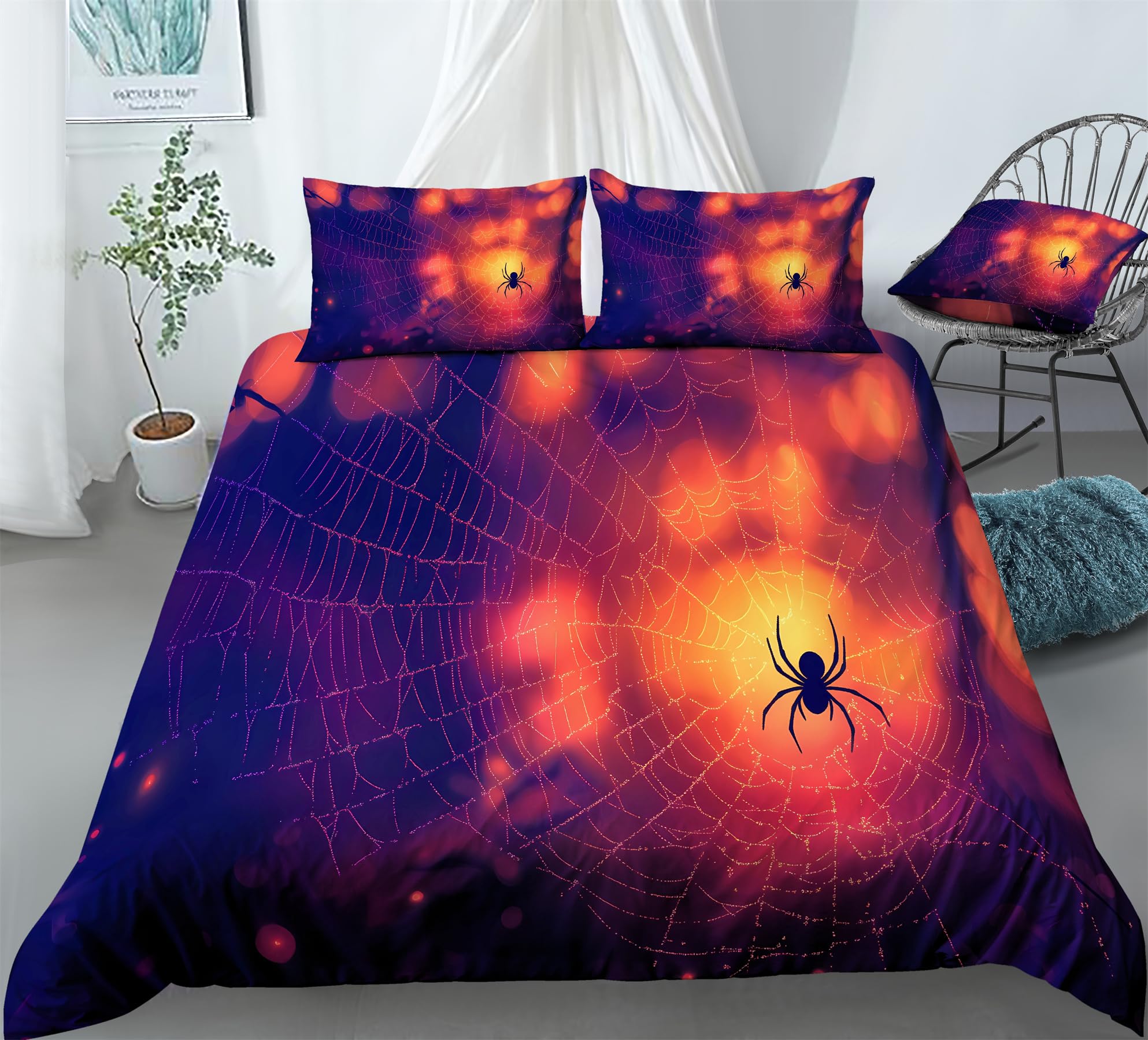 REALIN Cartoon Halloween Decoration Bedding Spider Halloween Prints Duvet Cover Set Girl Boy Kids Bed Sets 3/4PCS Quilt Covers/Sheets/Pillow Shams,Twin/Full/Queen/King (A,Full-200x229cm-3PCS)