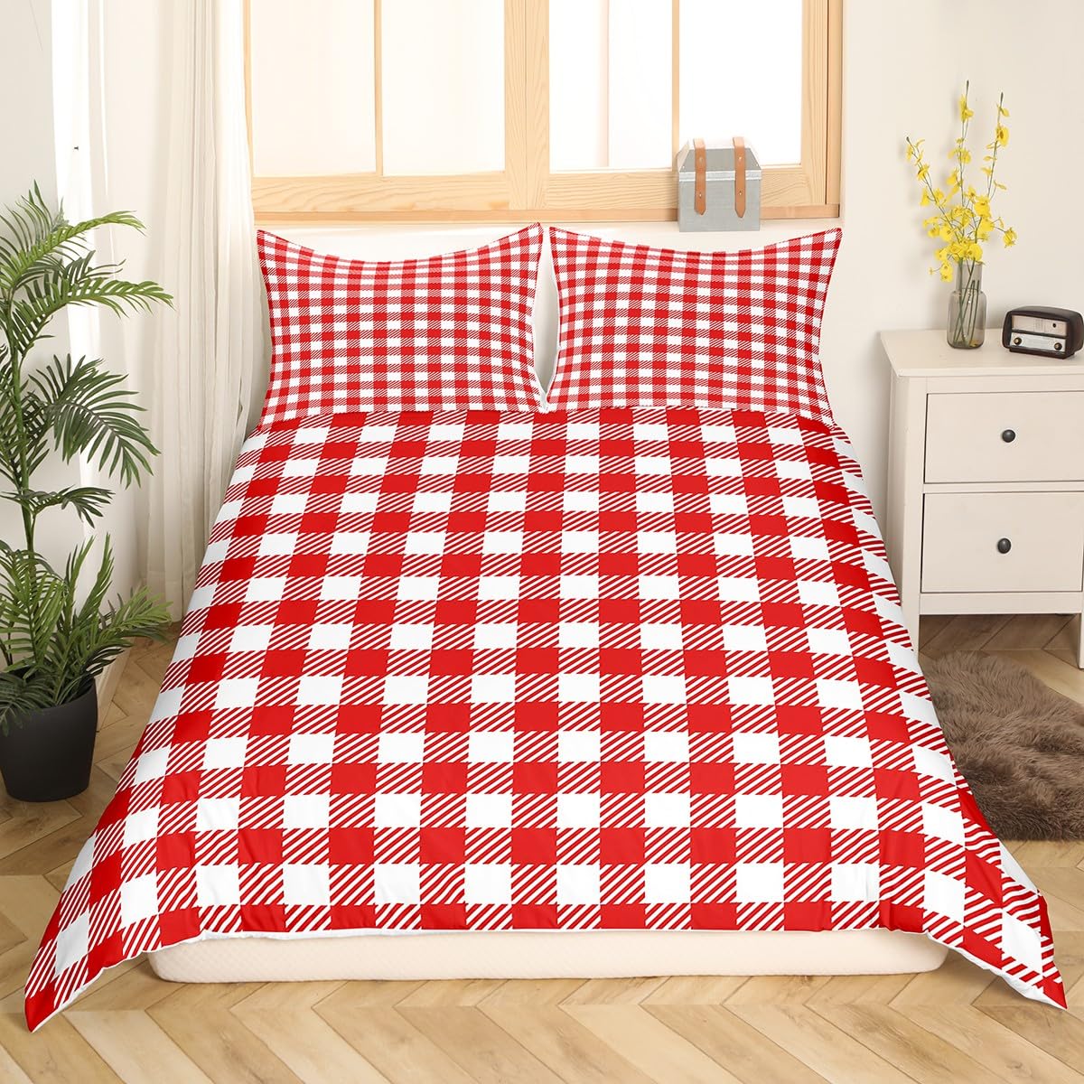 Richhome Multi 04 Red Plaid Buffalo Check Plaid Comforter Cover Classic Gingham Pattern Duvet Cover Room Red White Grid Bedspread Cover Double Bedding Collection 3Pcs