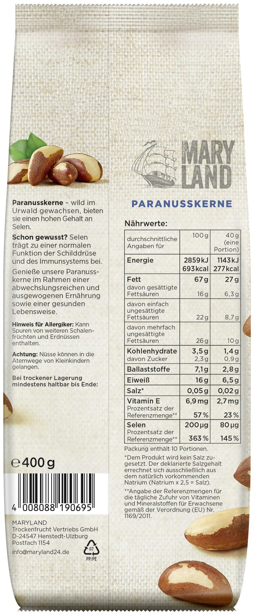 Maryland Paranusskerne 400g Beutel 6er Pack – Paranusskerne naturbelassen, vegan, frei von künstlichen Aromen, ohne Zusatzstoffe – Im praktischen Großformat genießen (6 x 400g)