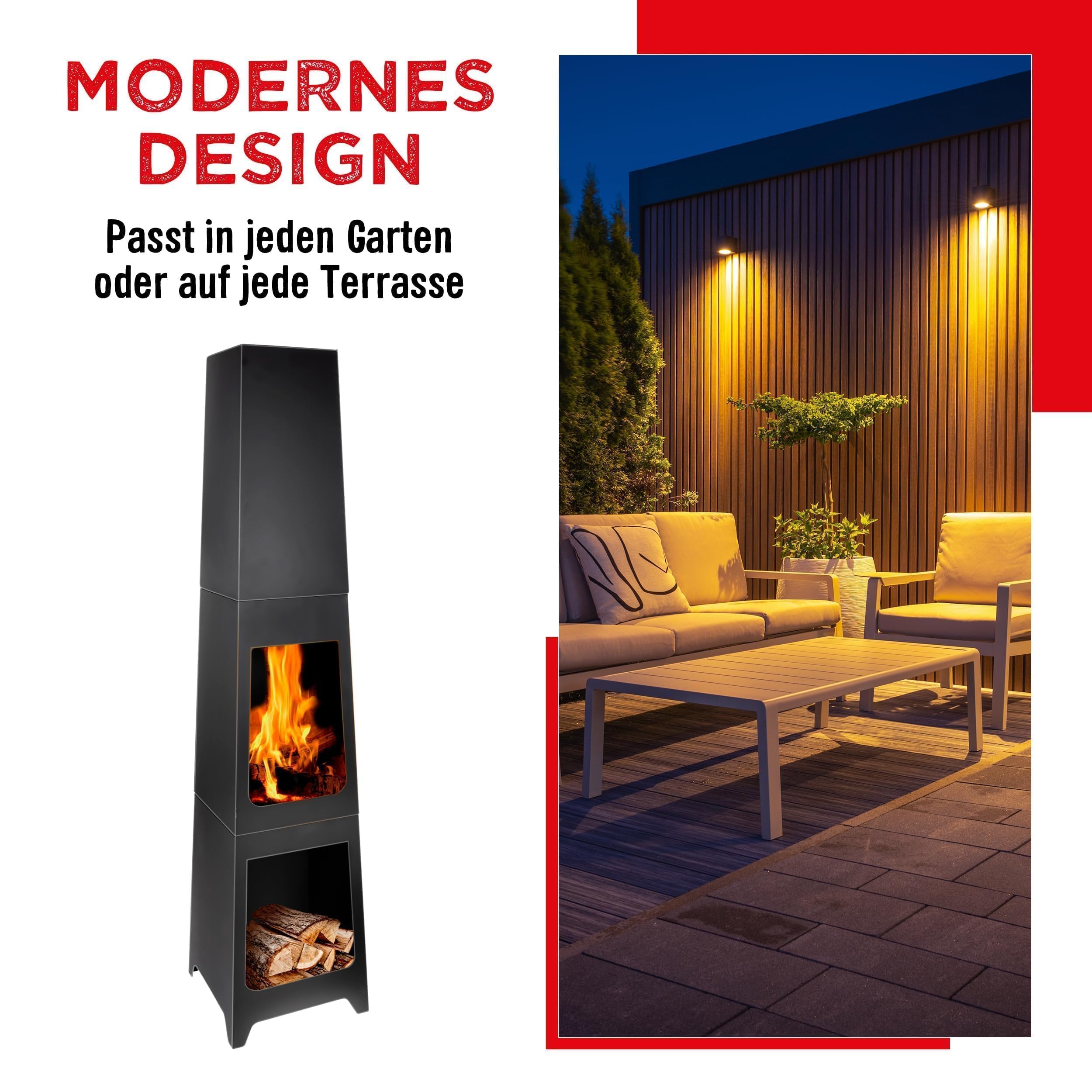 BBQ Collection Chimenea de jardín, Cesta de Fuego, Calentador de Patio, Exterior, Negro, 36 x 36 x 150 cm