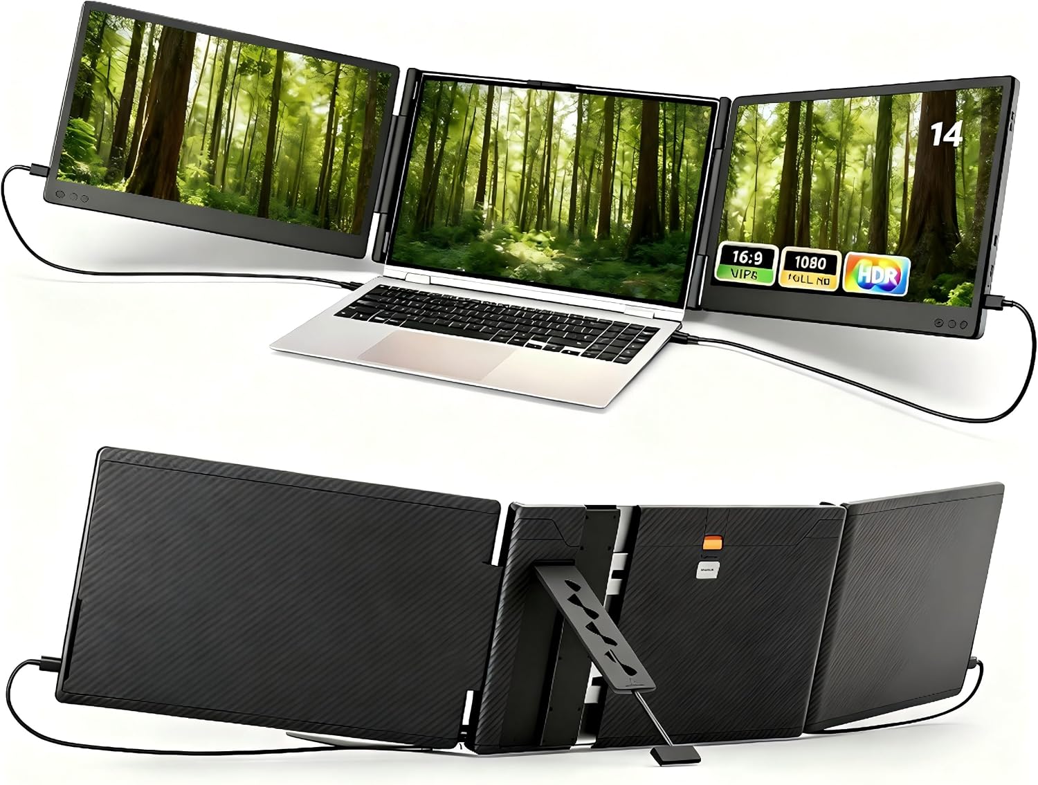 Laptop Screen Extender, 14" FHD 1080P IPS Portable Monitor, Upgrade Auto-Width for 13-17.3" Laptops, Plug & Play Triple Monitor Extender with USB-C/HDMI, Compatible with Windows/Mac/Android