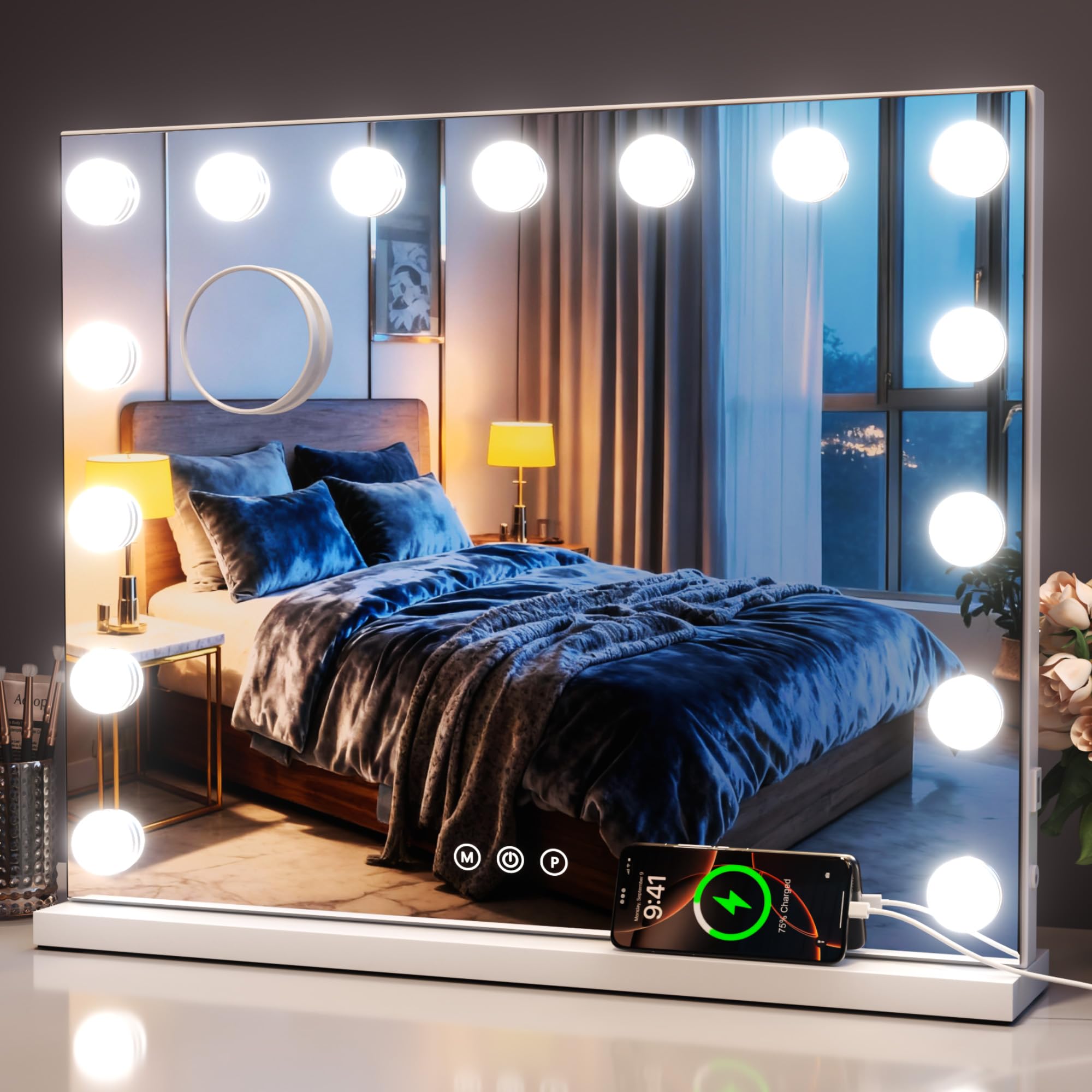 Hollywood Schminkspiegel Spiegel mit Beleuchtung, 58×46 cm, 15 LED-Lampen, 3 Lichtmodi, 10× Vergrößerung, stufenlos dimmbar, USB-Ladeanschluss, ideal für Schlafzimmer & Kosmetikbereich (15LED-58x46)